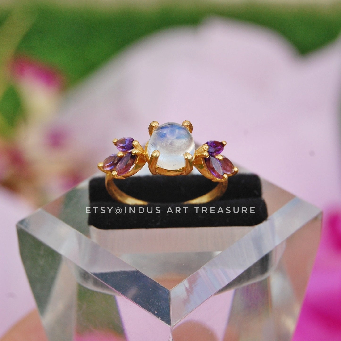 Rainbow Moonstone -Amethyst Dainty 18k Gold Plated Ring