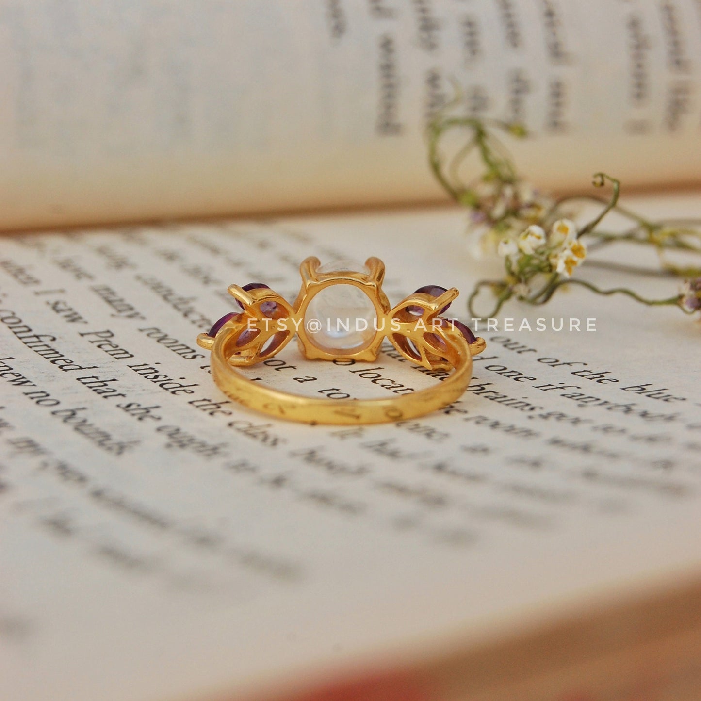 Rainbow Moonstone -Amethyst Dainty 18k Gold Plated Ring