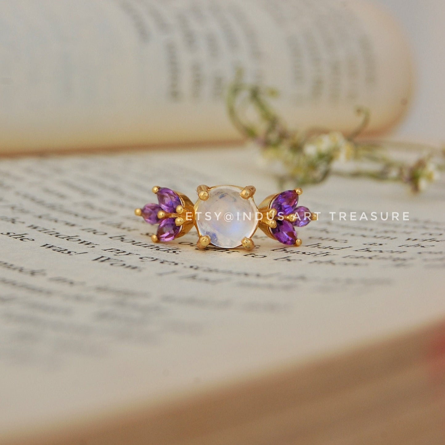 Rainbow Moonstone -Amethyst Dainty 18k Gold Plated Ring