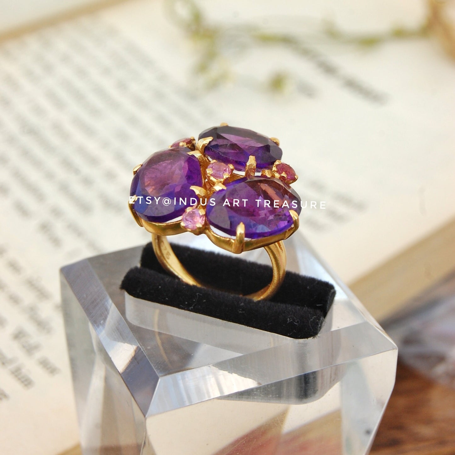 Amethyst- Pink Tourmaline Gold Plated Cocktail Ring