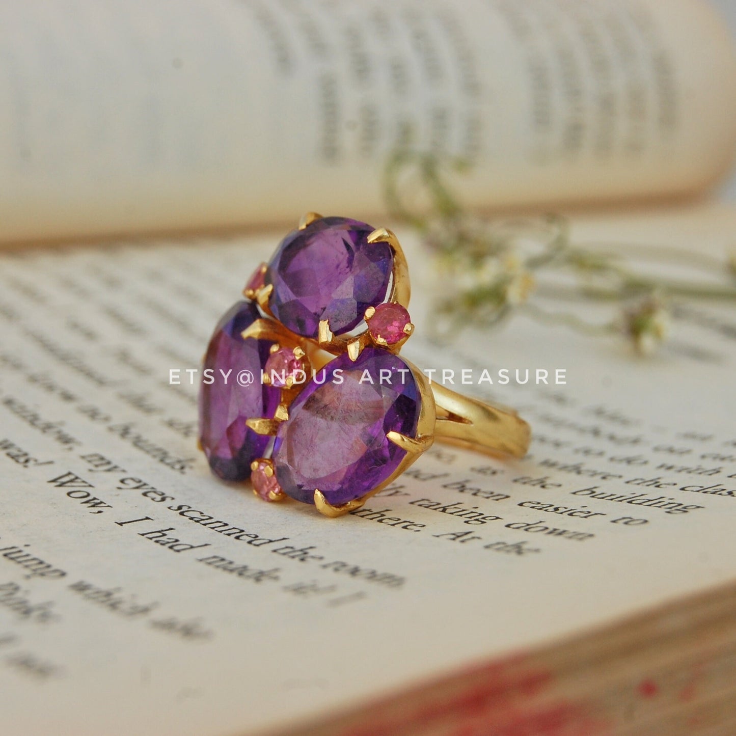 Amethyst- Pink Tourmaline Gold Plated Cocktail Ring