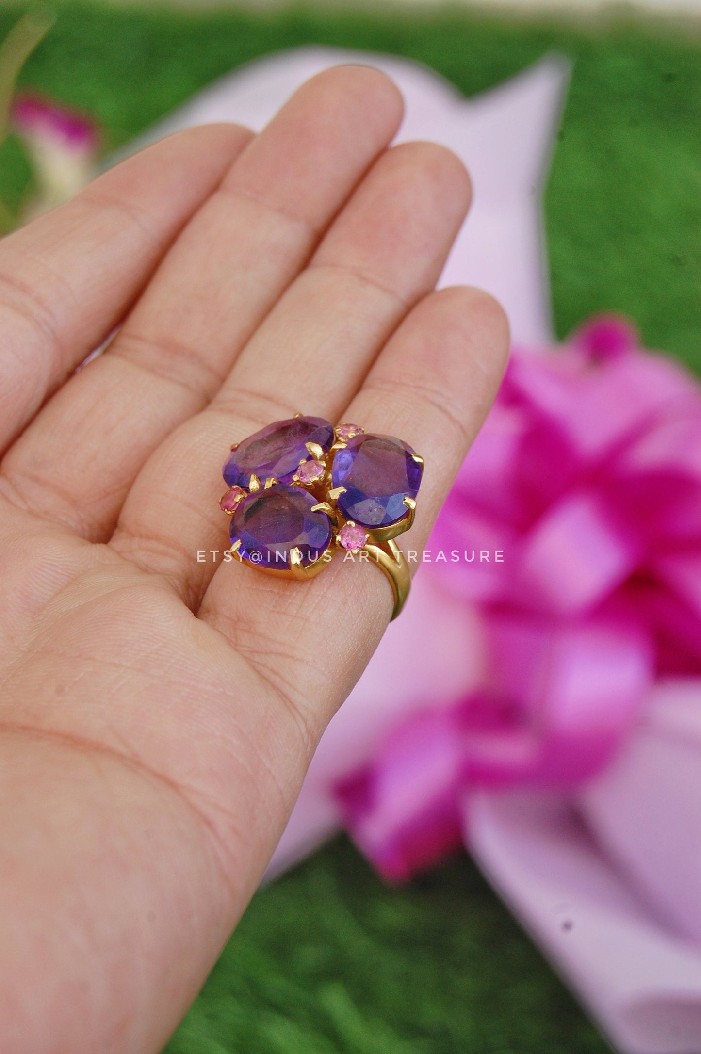 Amethyst- Pink Tourmaline Gold Plated Cocktail Ring