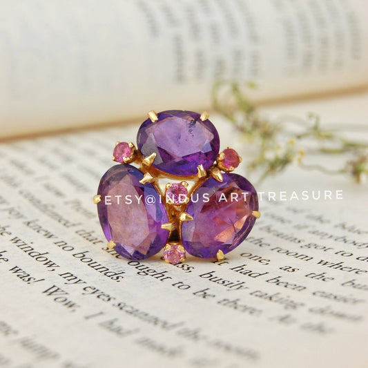 Amethyst- Pink Tourmaline Gold Plated Cocktail Ring