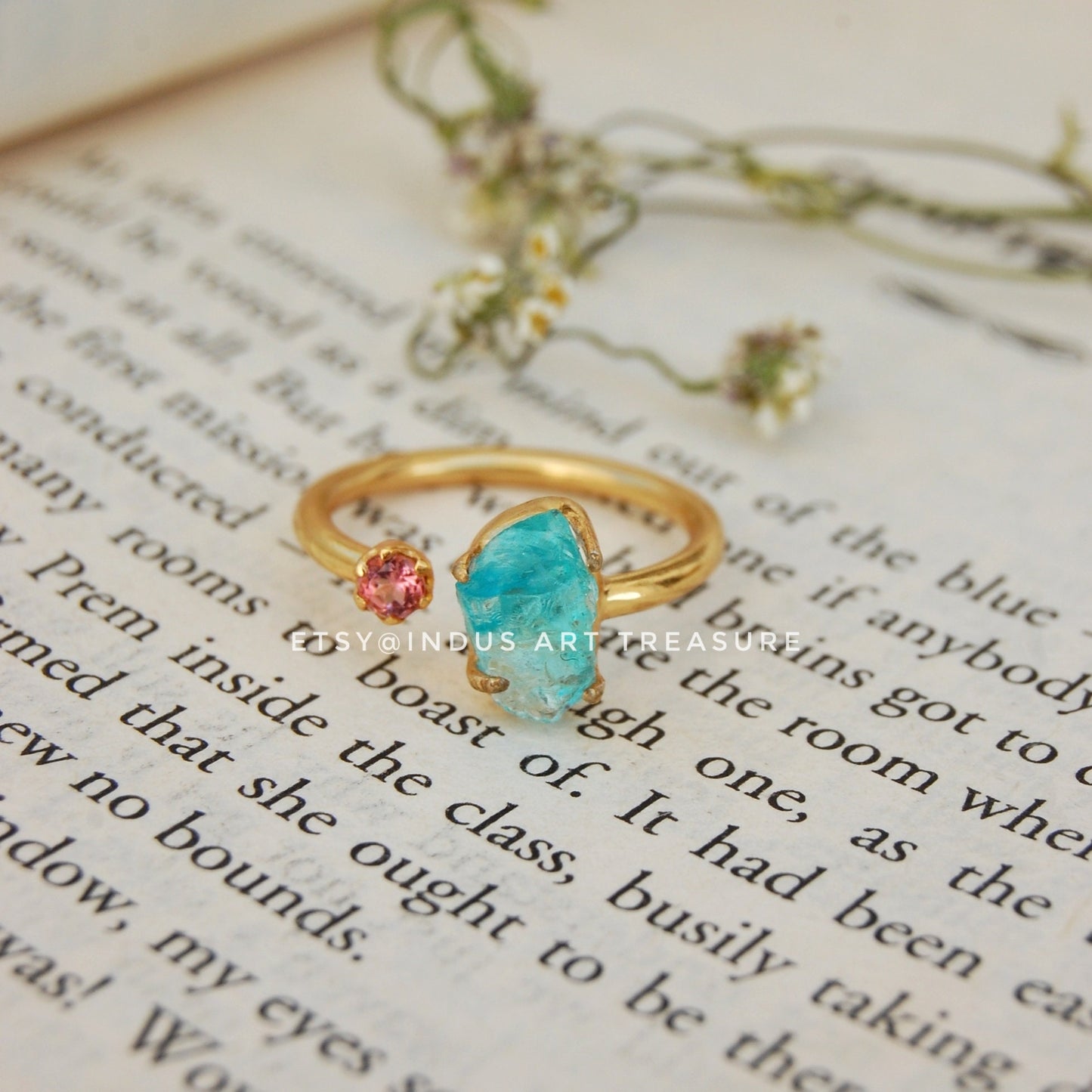 Raw Apatite- Pink Tourmaline 18k Gold Plated Ring