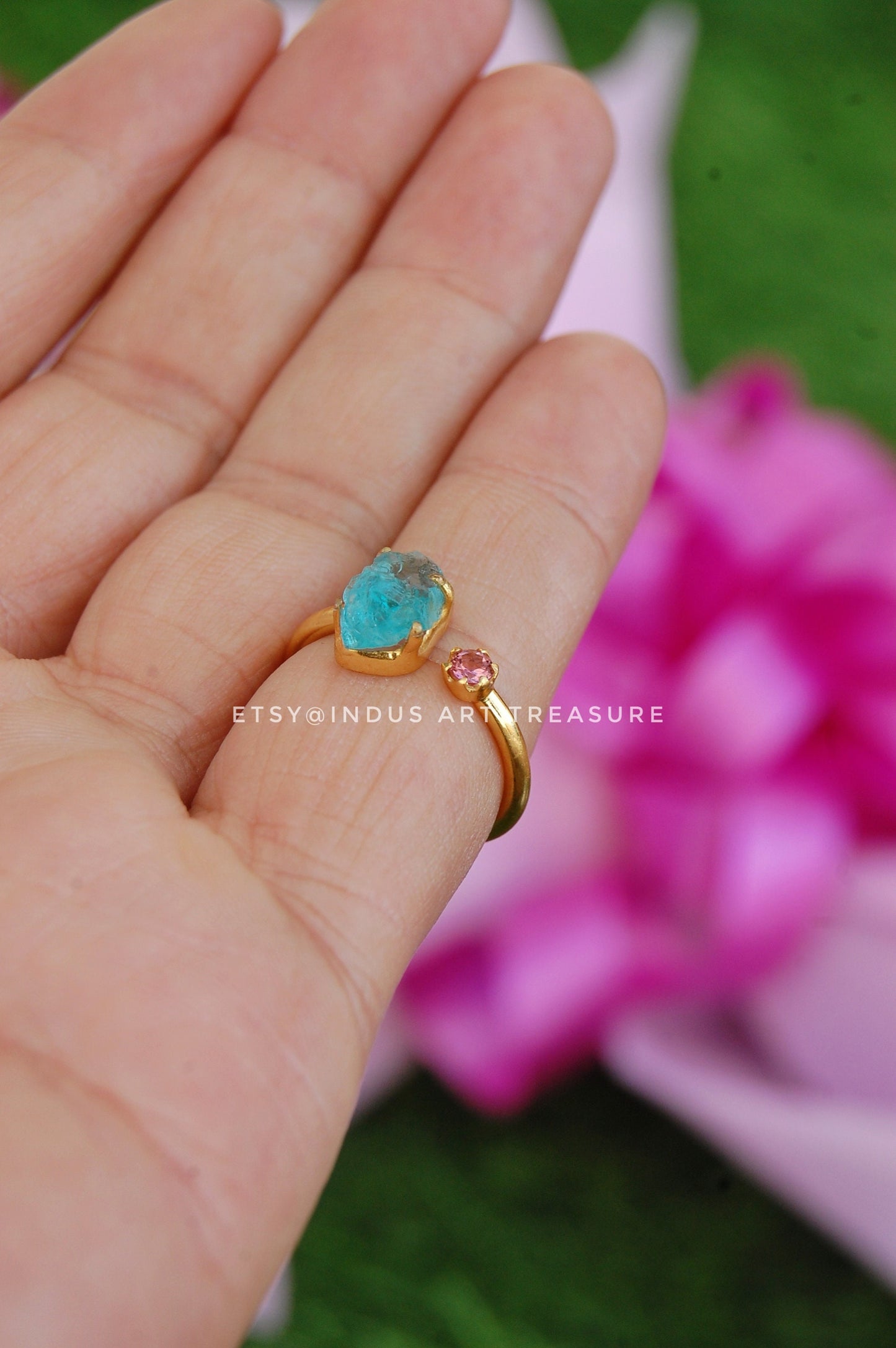 Raw Apatite- Pink Tourmaline 18k Gold Plated Ring