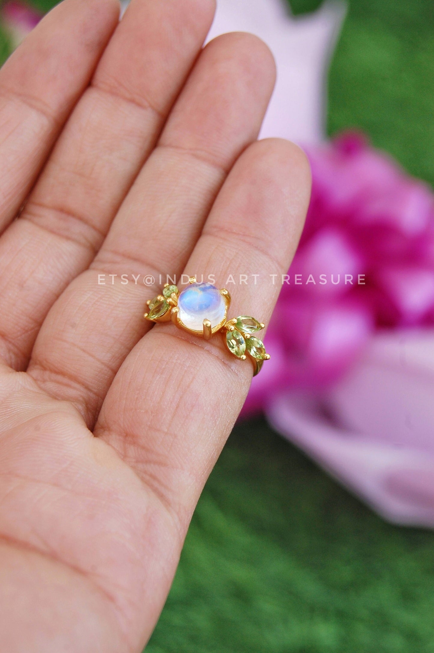 Rainbow Moonstone -Peridot Dainty Gold Plated Ring