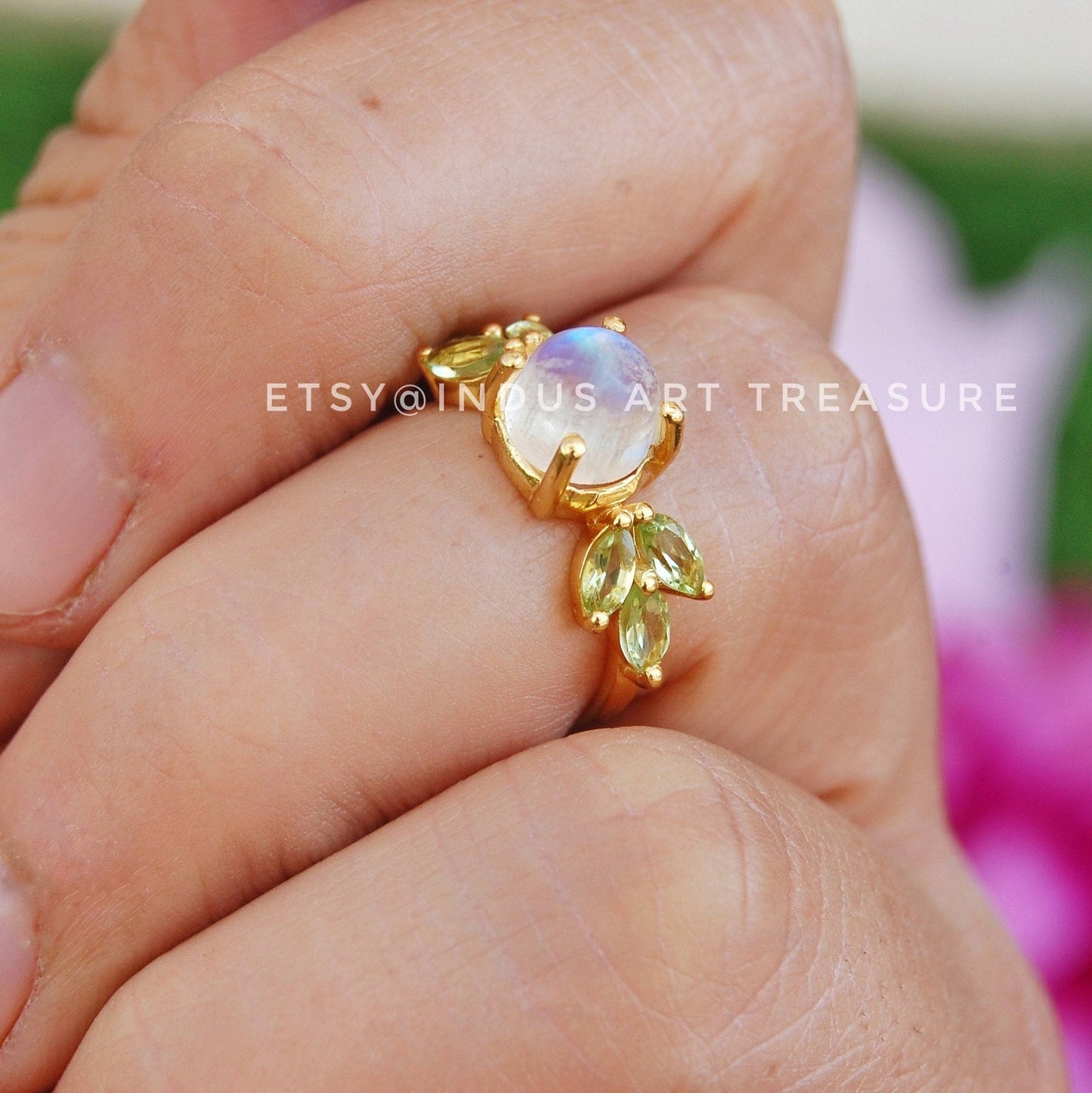 Rainbow Moonstone -Peridot Dainty Gold Plated Ring