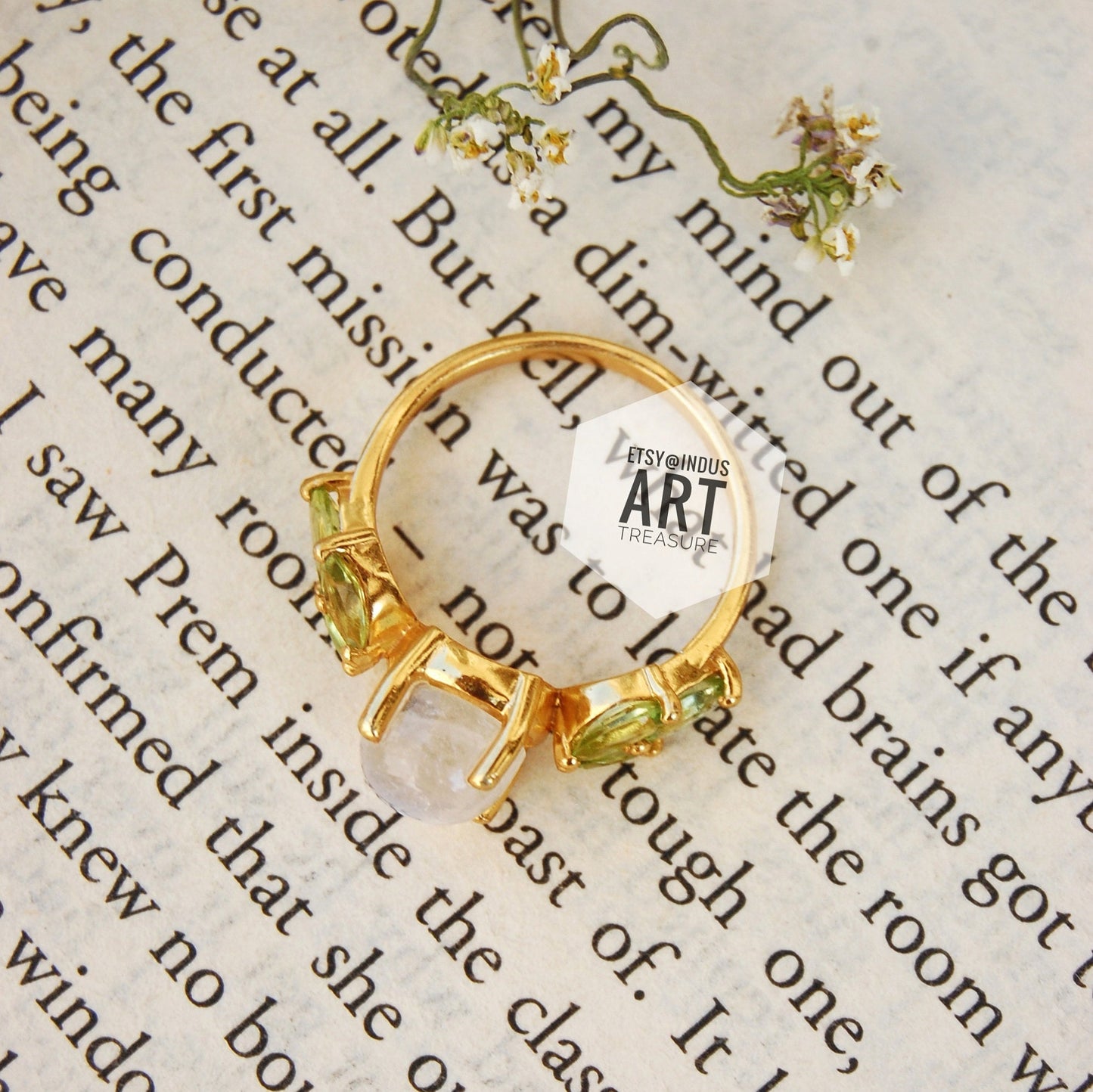 Rainbow Moonstone -Peridot Dainty Gold Plated Ring
