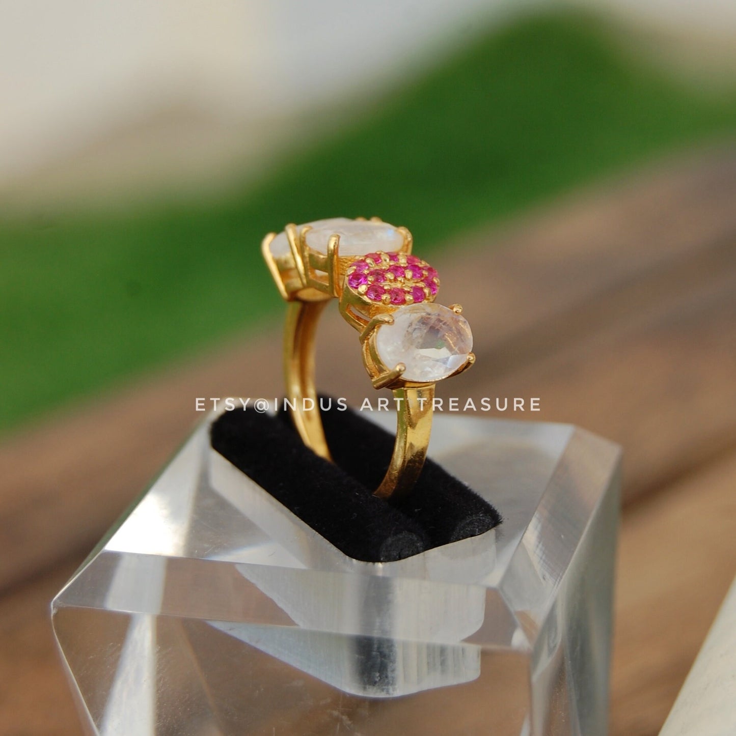 Rainbow Moonstone -Ruby Gold Plated Ring