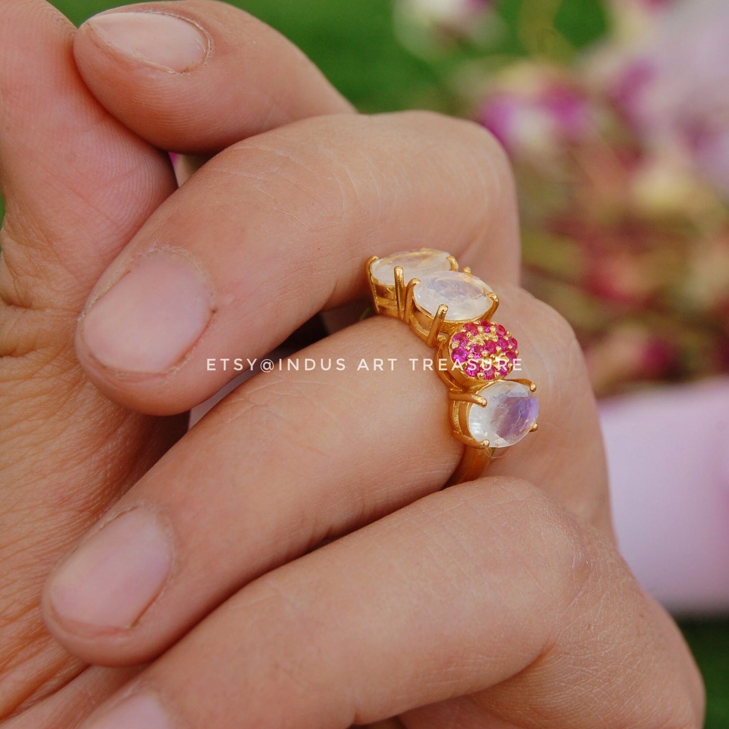 Rainbow Moonstone -Ruby Gold Plated Ring