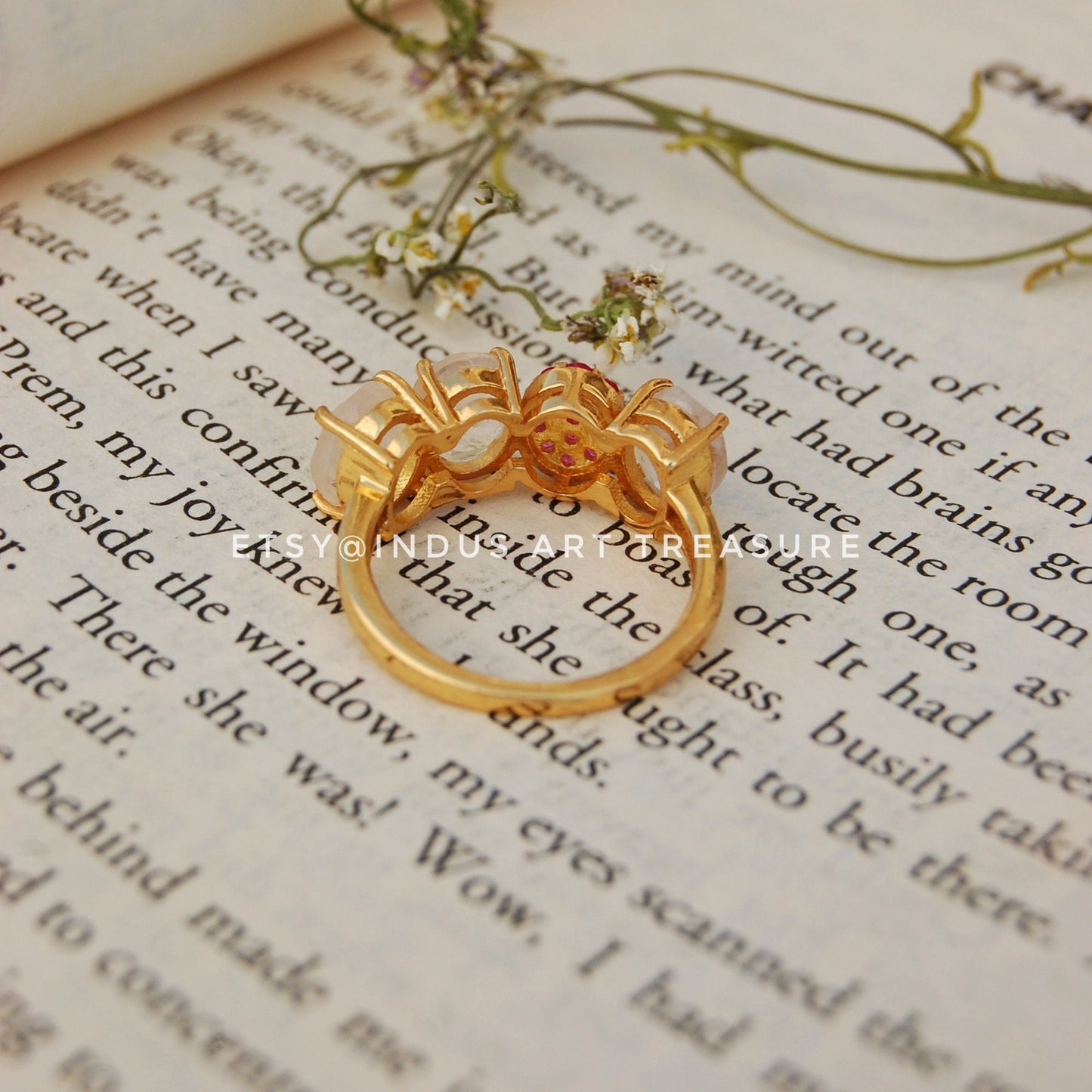 Rainbow Moonstone -Ruby Gold Plated Ring