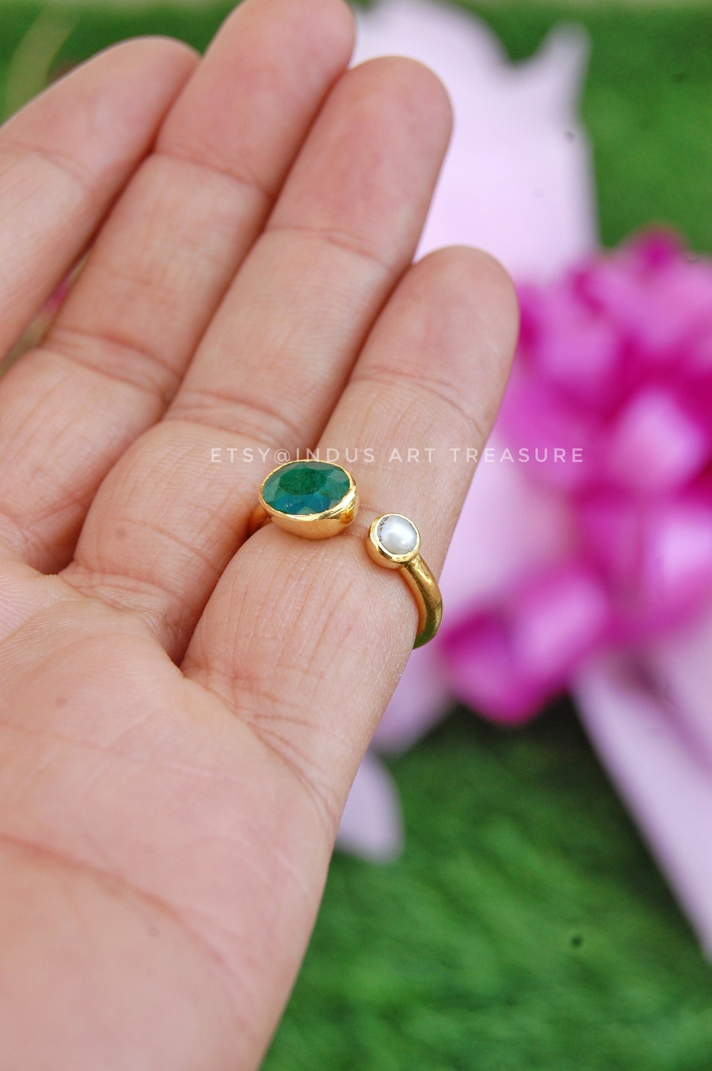 Emerald- Pearl Dainty Gold Plated Ring