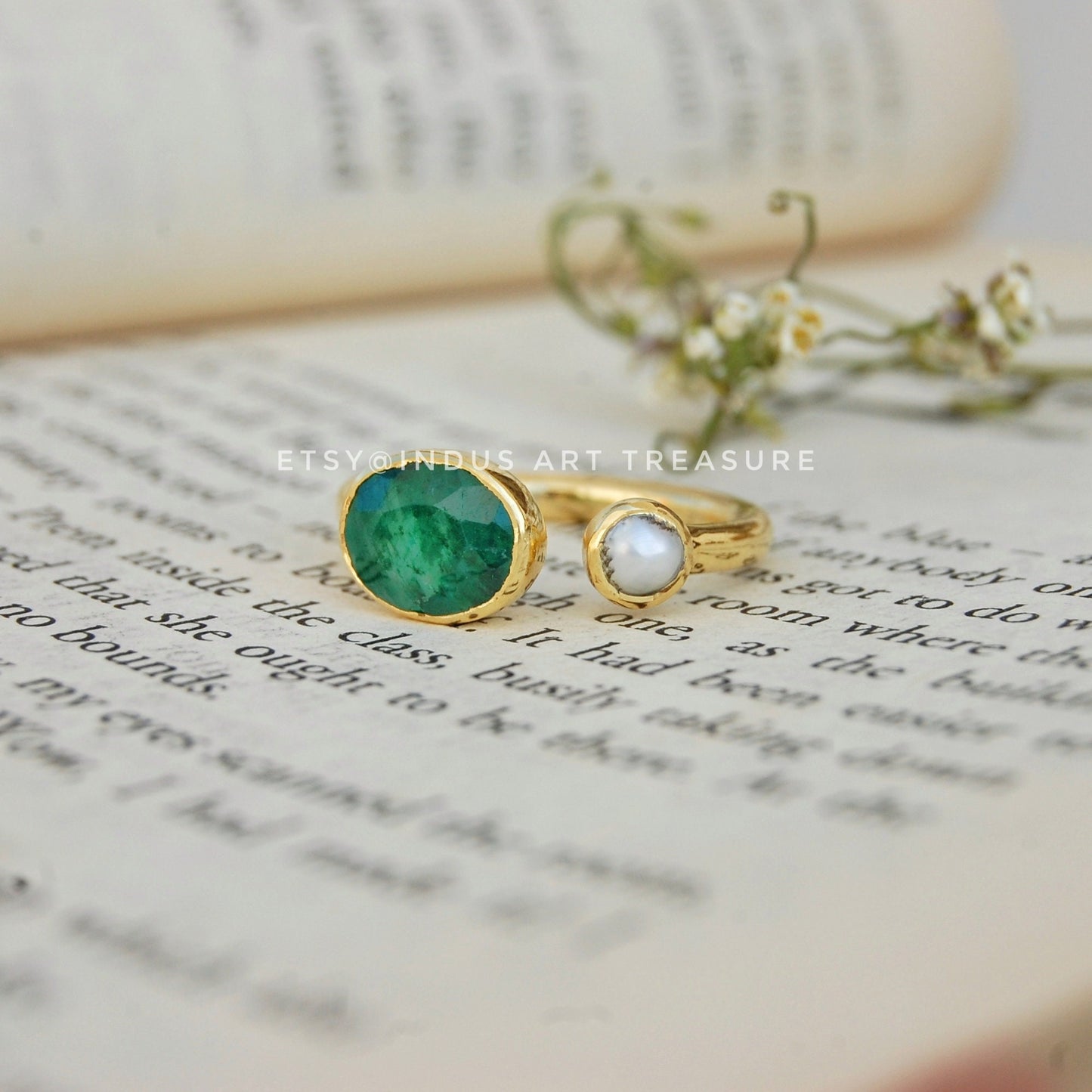Emerald- Pearl Dainty Gold Plated Ring