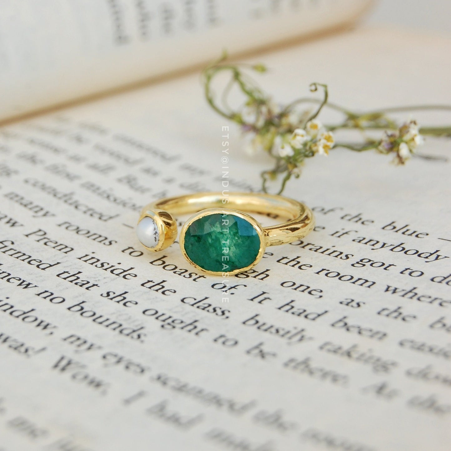 Emerald- Pearl Dainty Gold Plated Ring