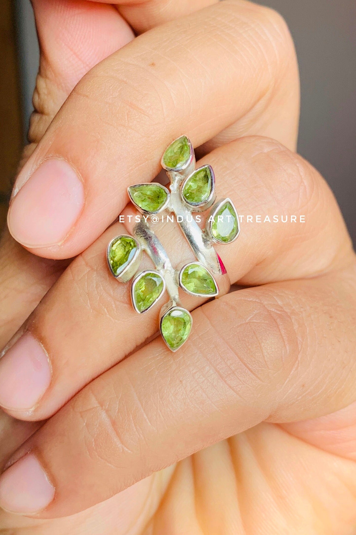 Olive Green Peridot Leaf Branch Ring