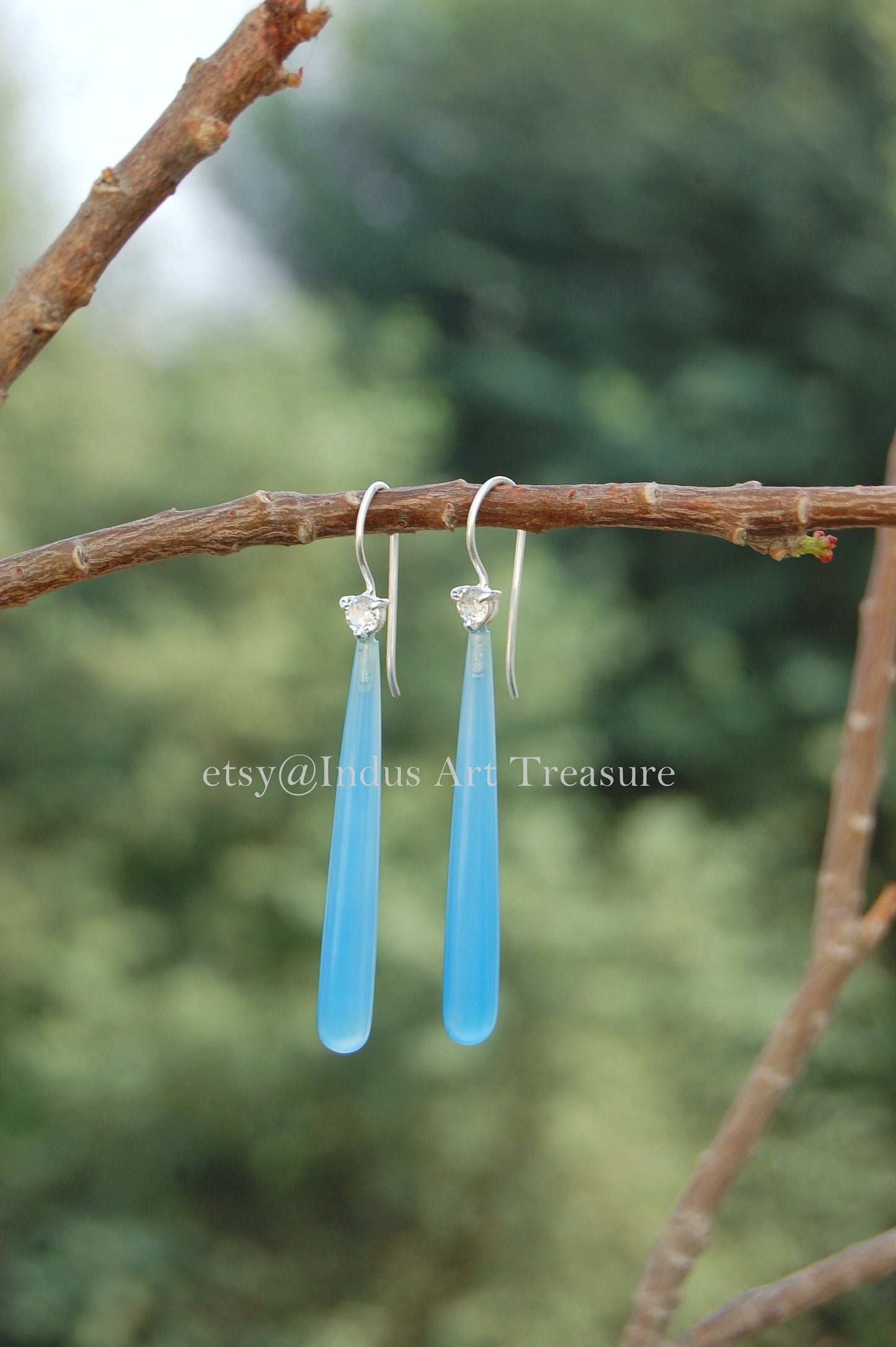 Natural Aqua Chalcedony Long Drop Earrings