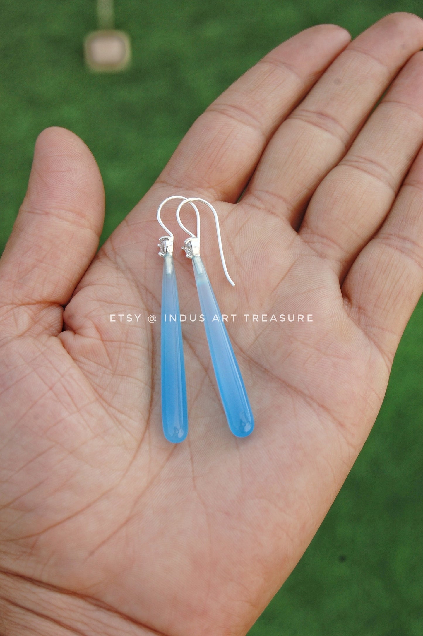 Natural Aqua Chalcedony Long Drop Earrings