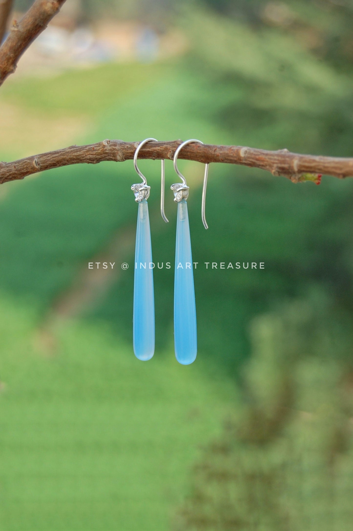 Natural Aqua Chalcedony Long Drop Earrings