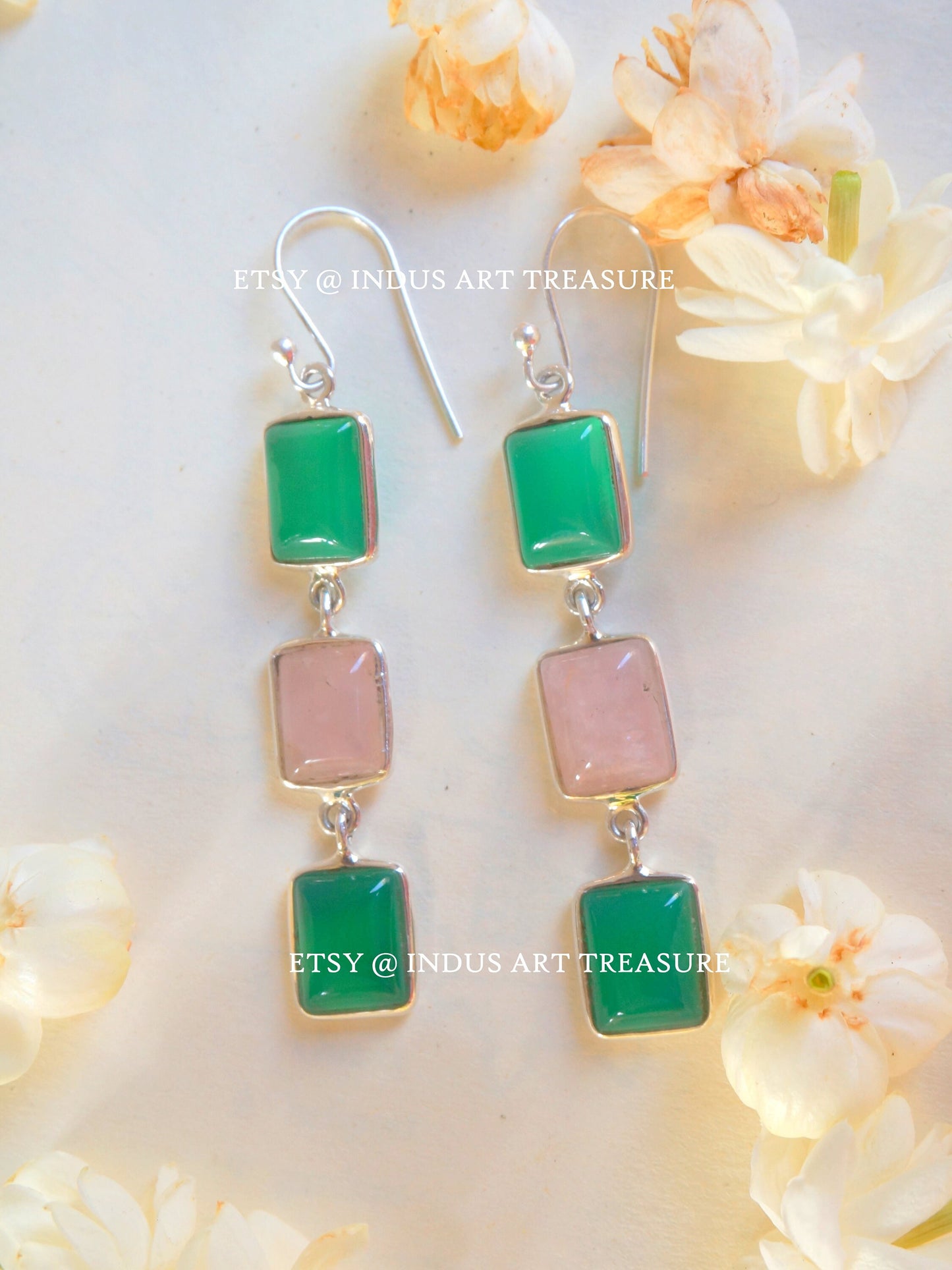 Rose Quartz and Green Onyx Dangle Earrings