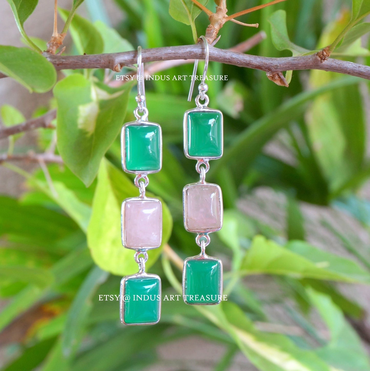 Rose Quartz and Green Onyx Dangle Earrings