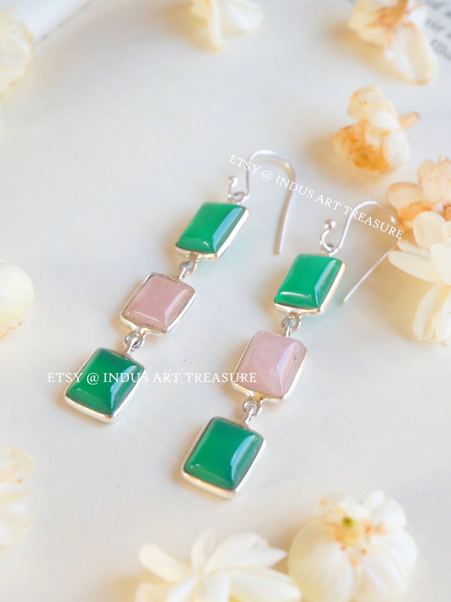 Rose Quartz and Green Onyx Dangle Earrings