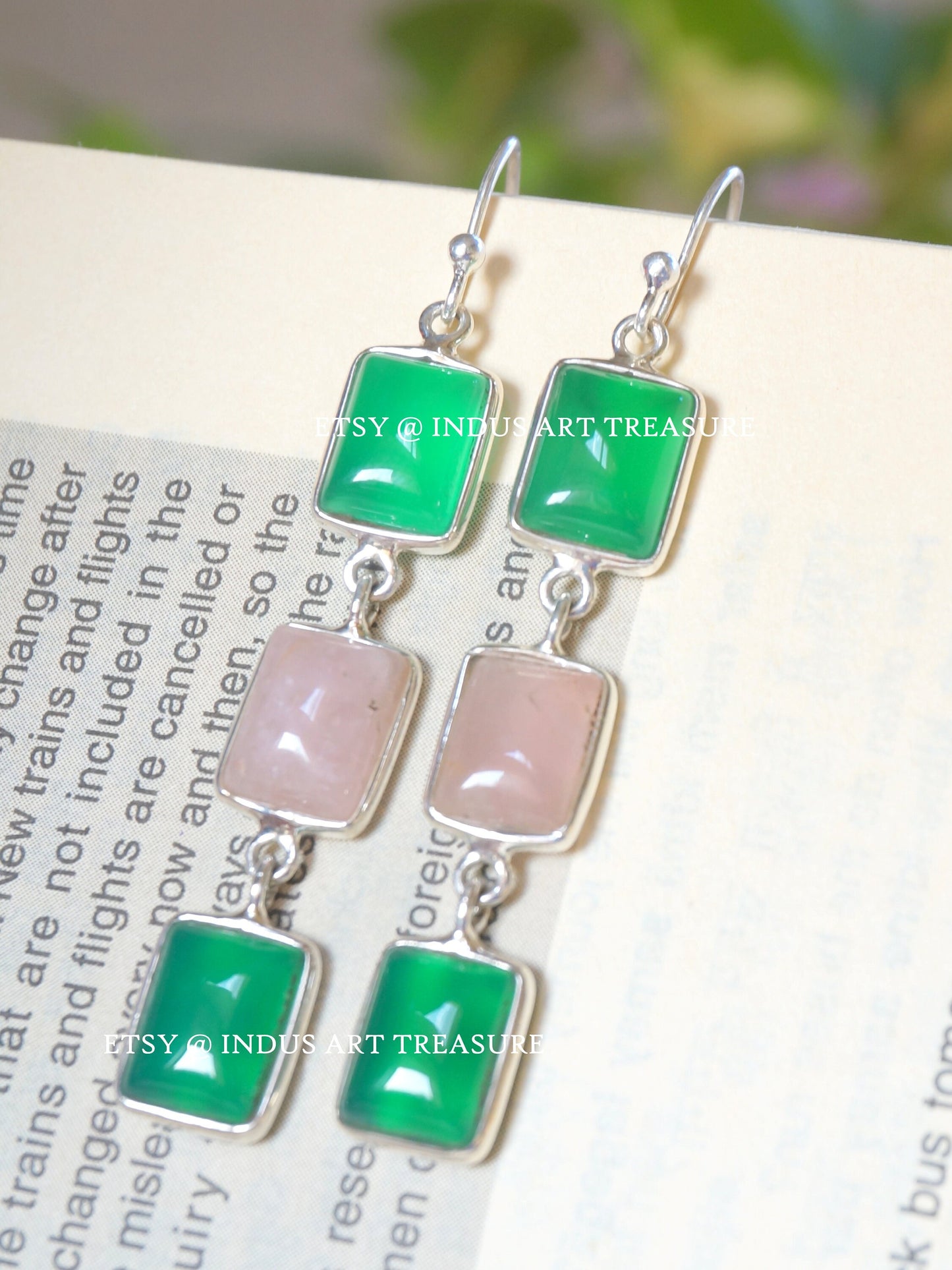 Rose Quartz and Green Onyx Dangle Earrings