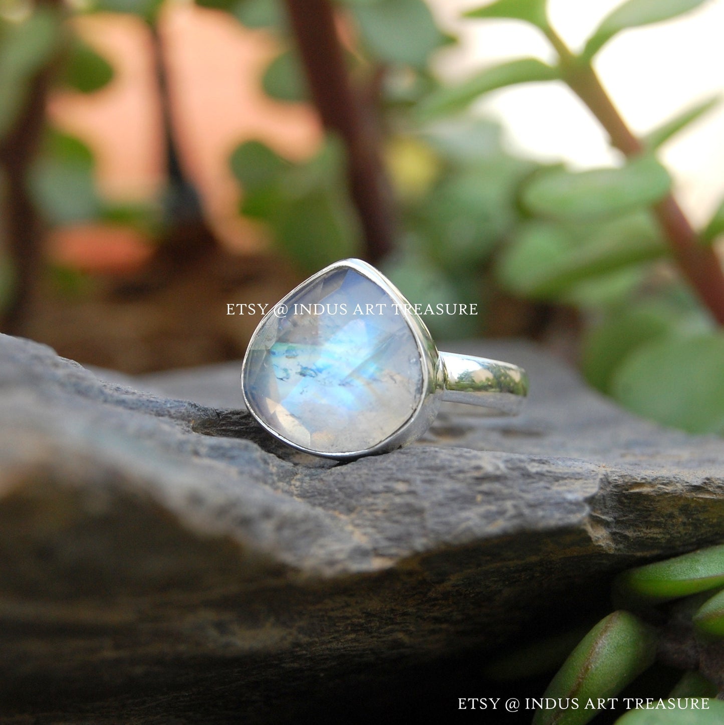 Rainbow Moonstone Pear Ring