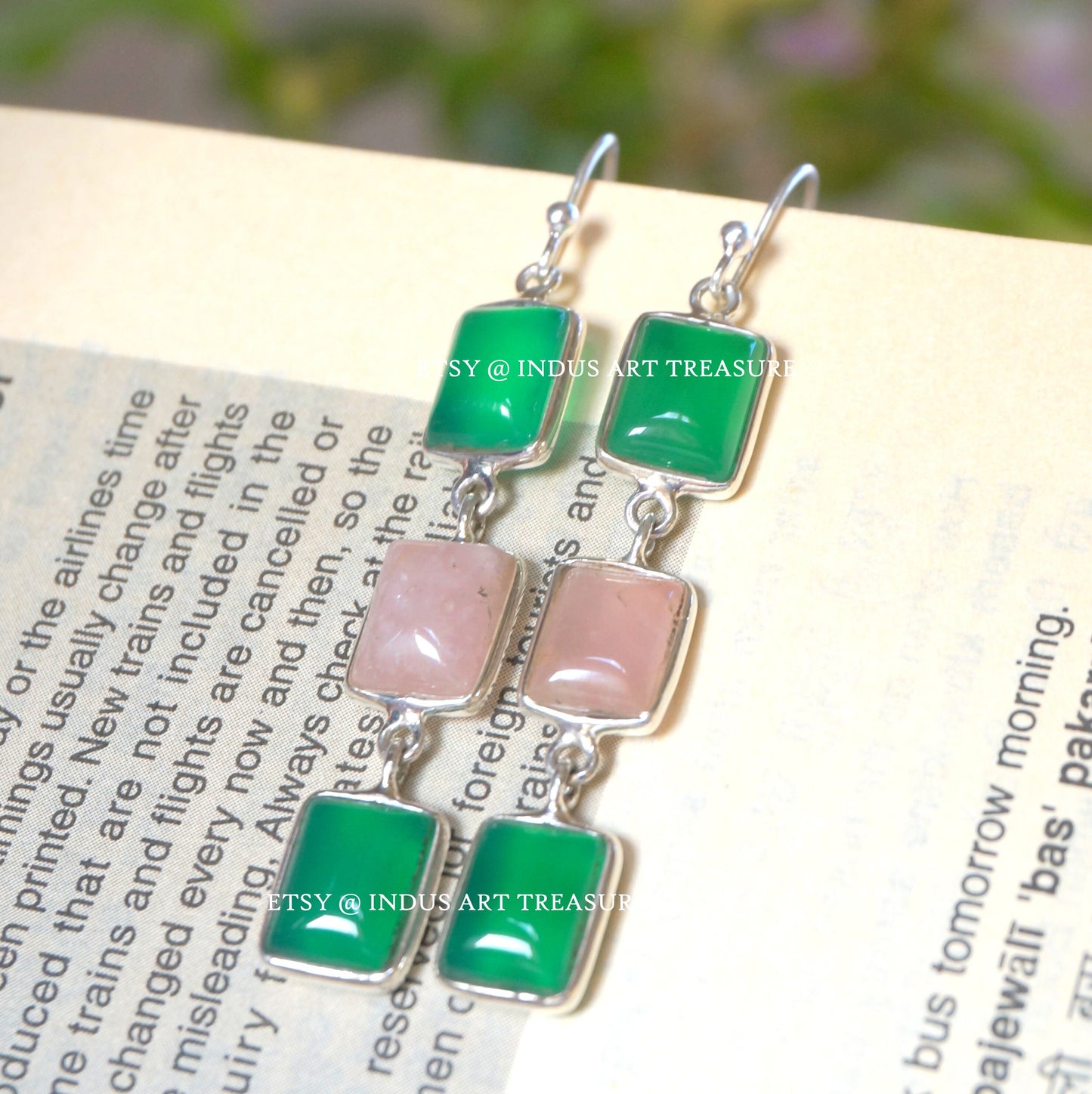 Rose Quartz and Green Onyx Dangle Earrings