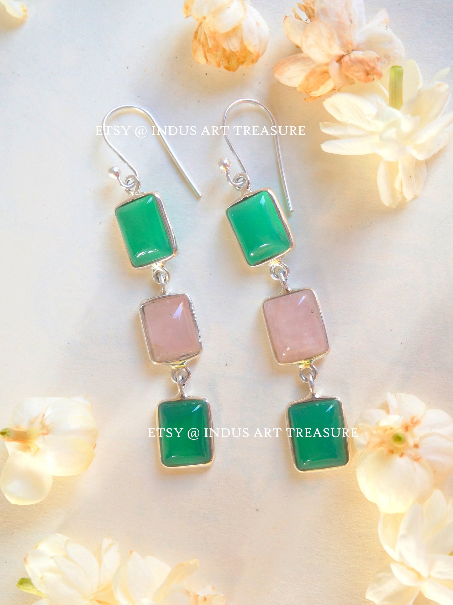 Rose Quartz and Green Onyx Dangle Earrings
