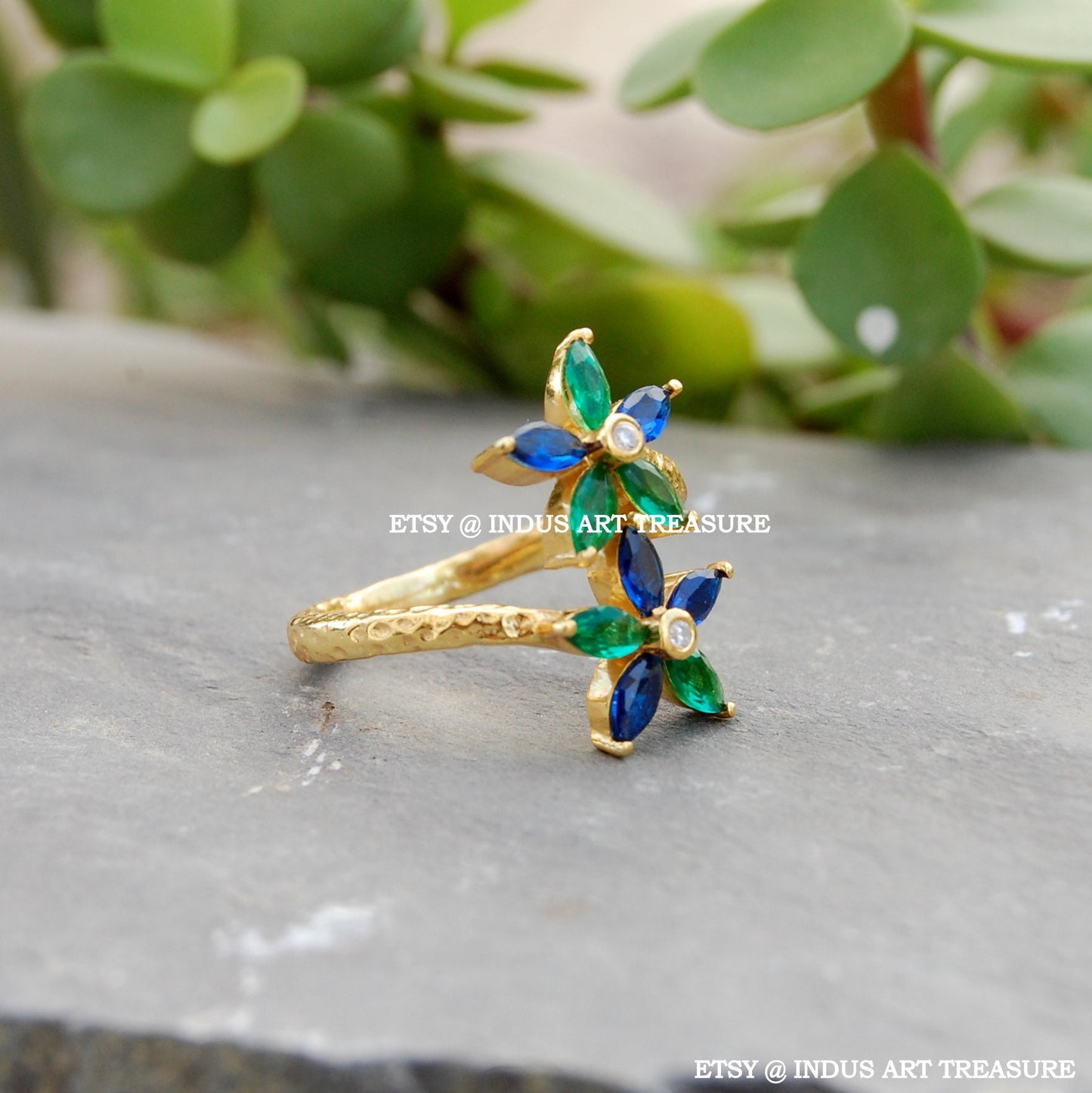 Blue Sapphire Floral Gold Plated Ring