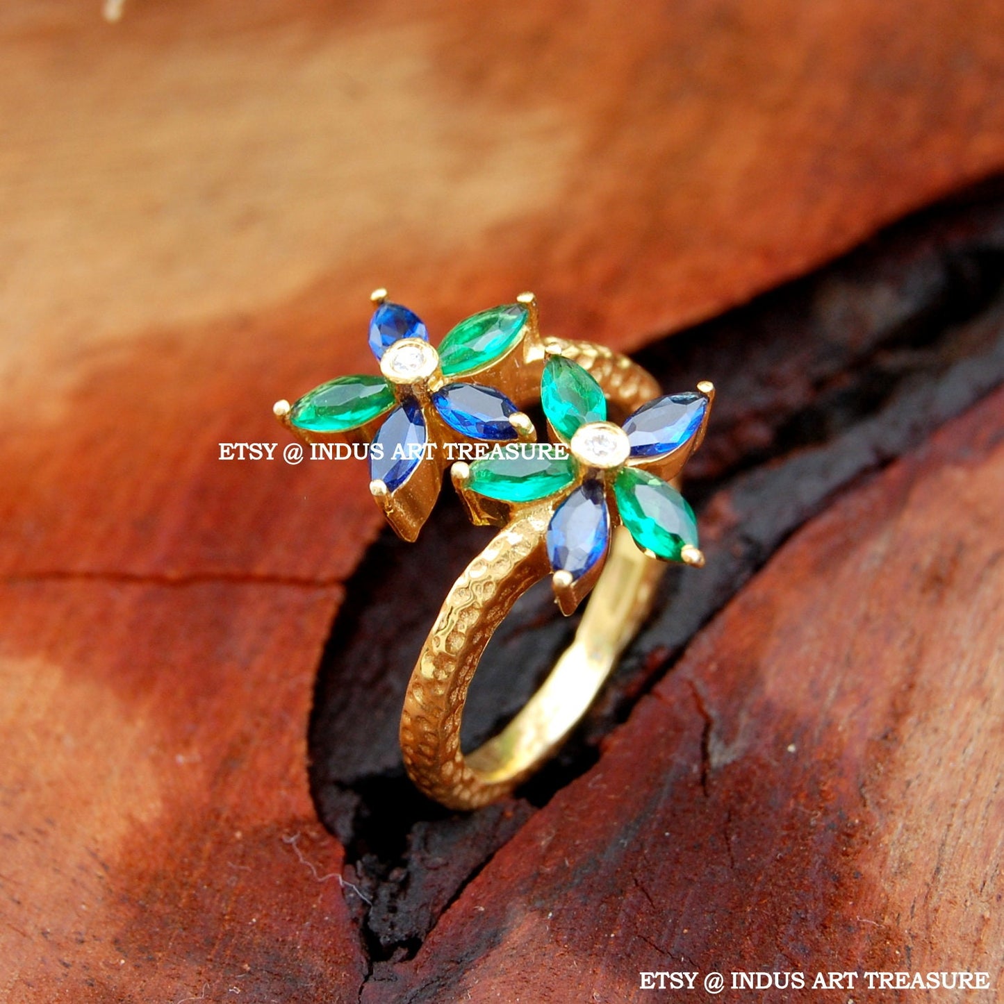 Blue Sapphire Floral Gold Plated Ring
