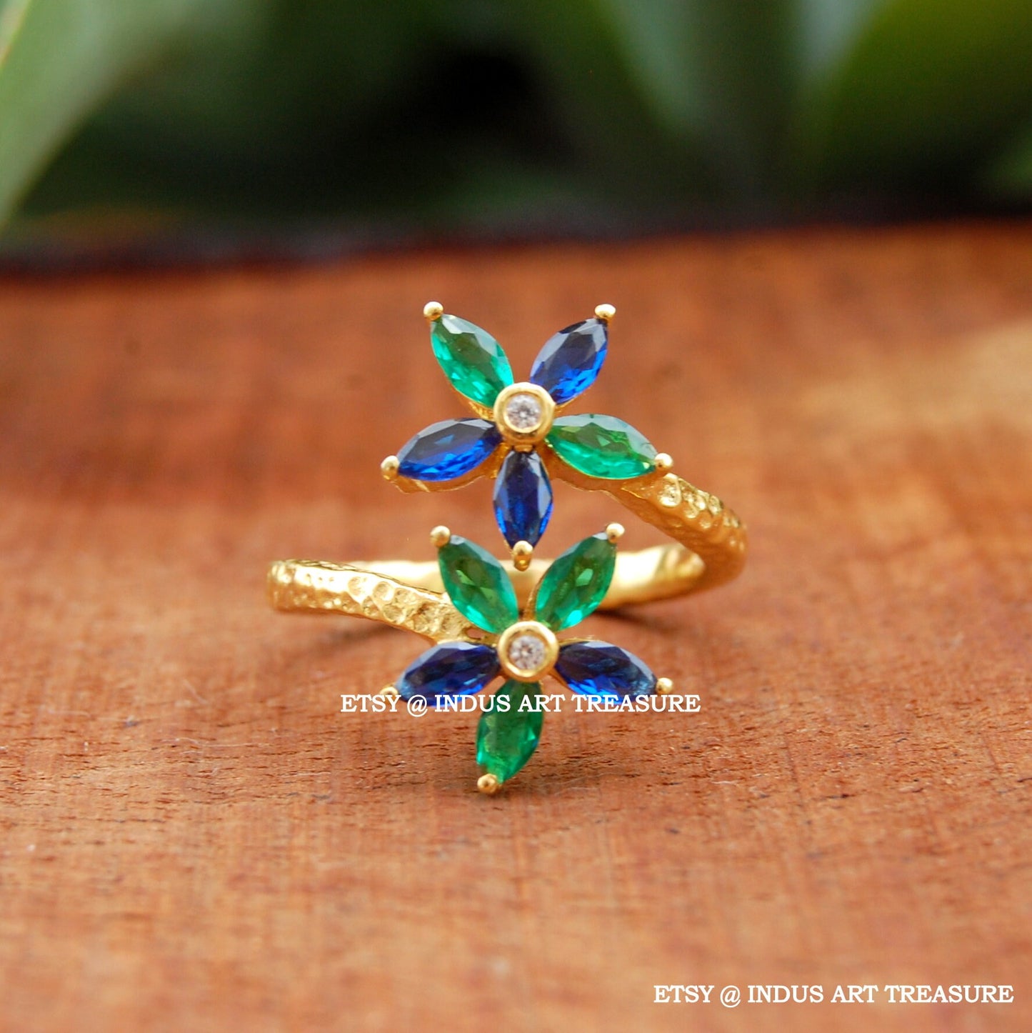 Blue Sapphire Floral Gold Plated Ring
