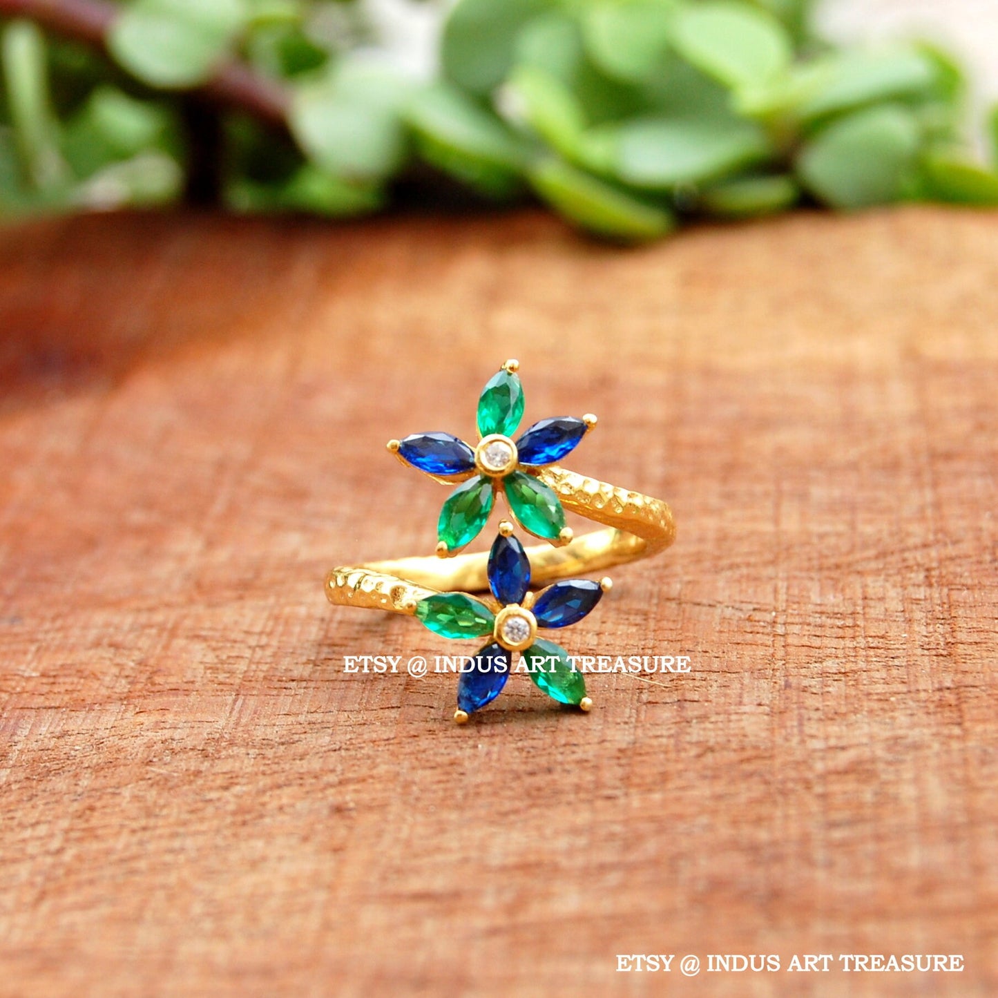 Blue Sapphire Floral Gold Plated Ring