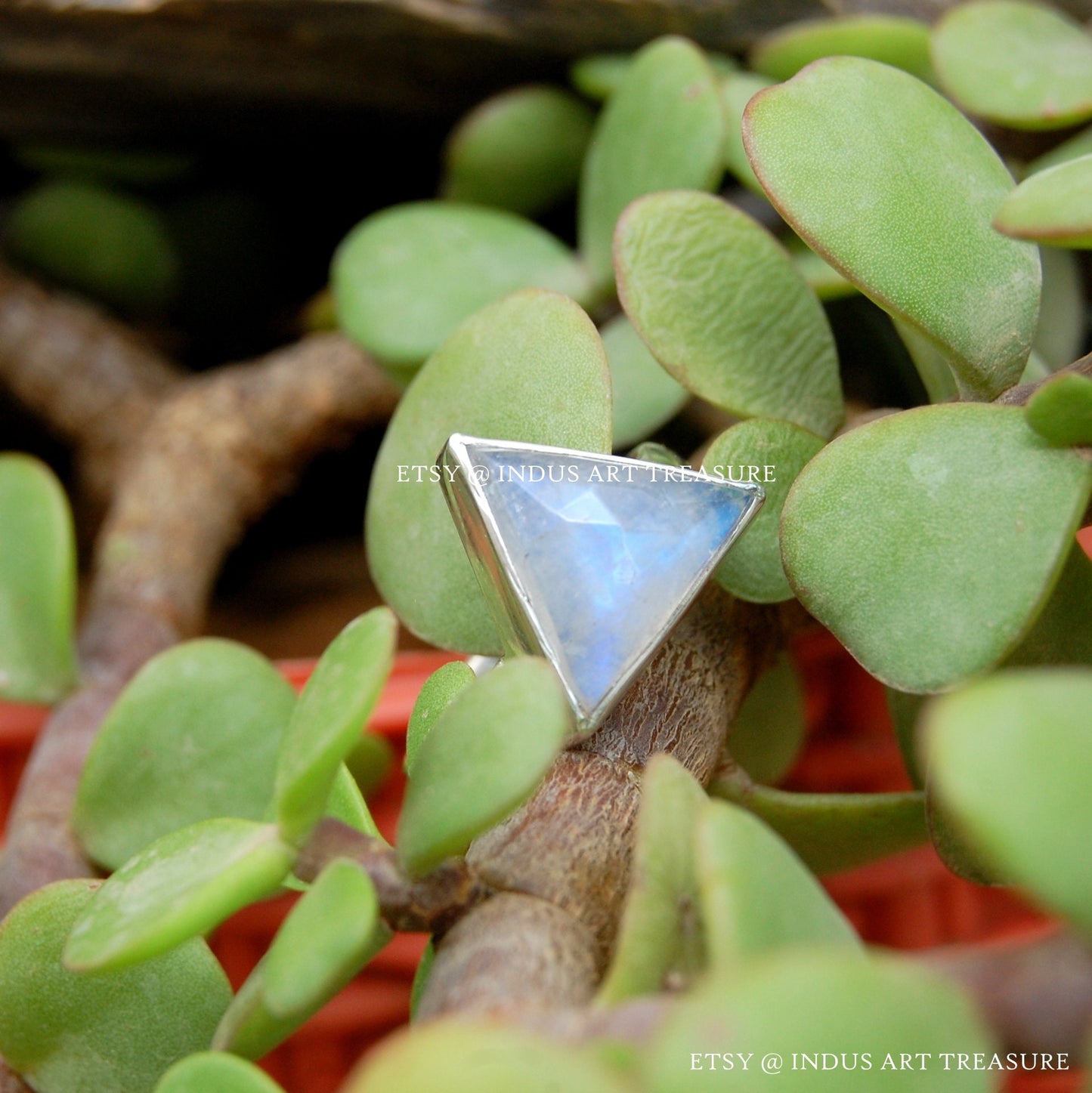 Rainbow Moonstone Triangle Ring