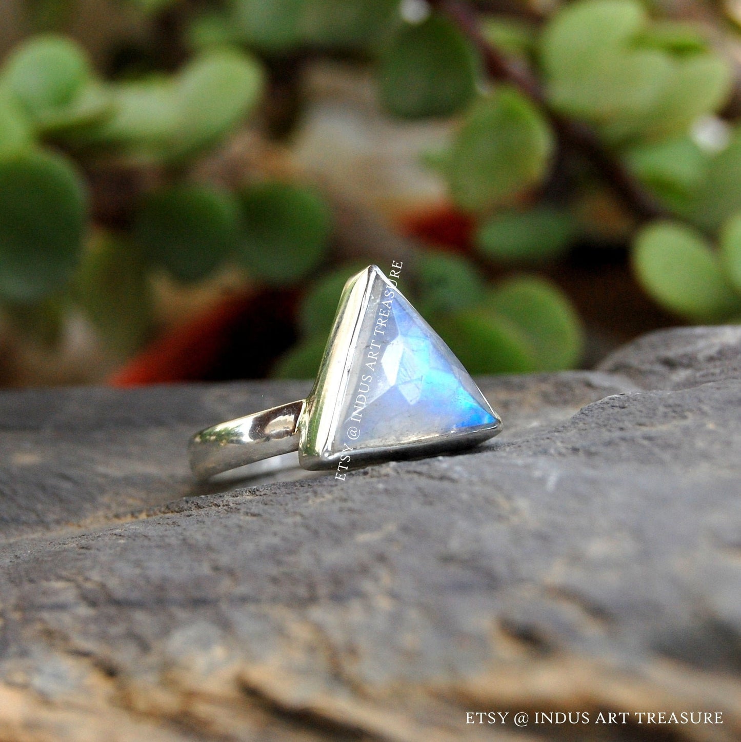 Rainbow Moonstone Triangle Ring