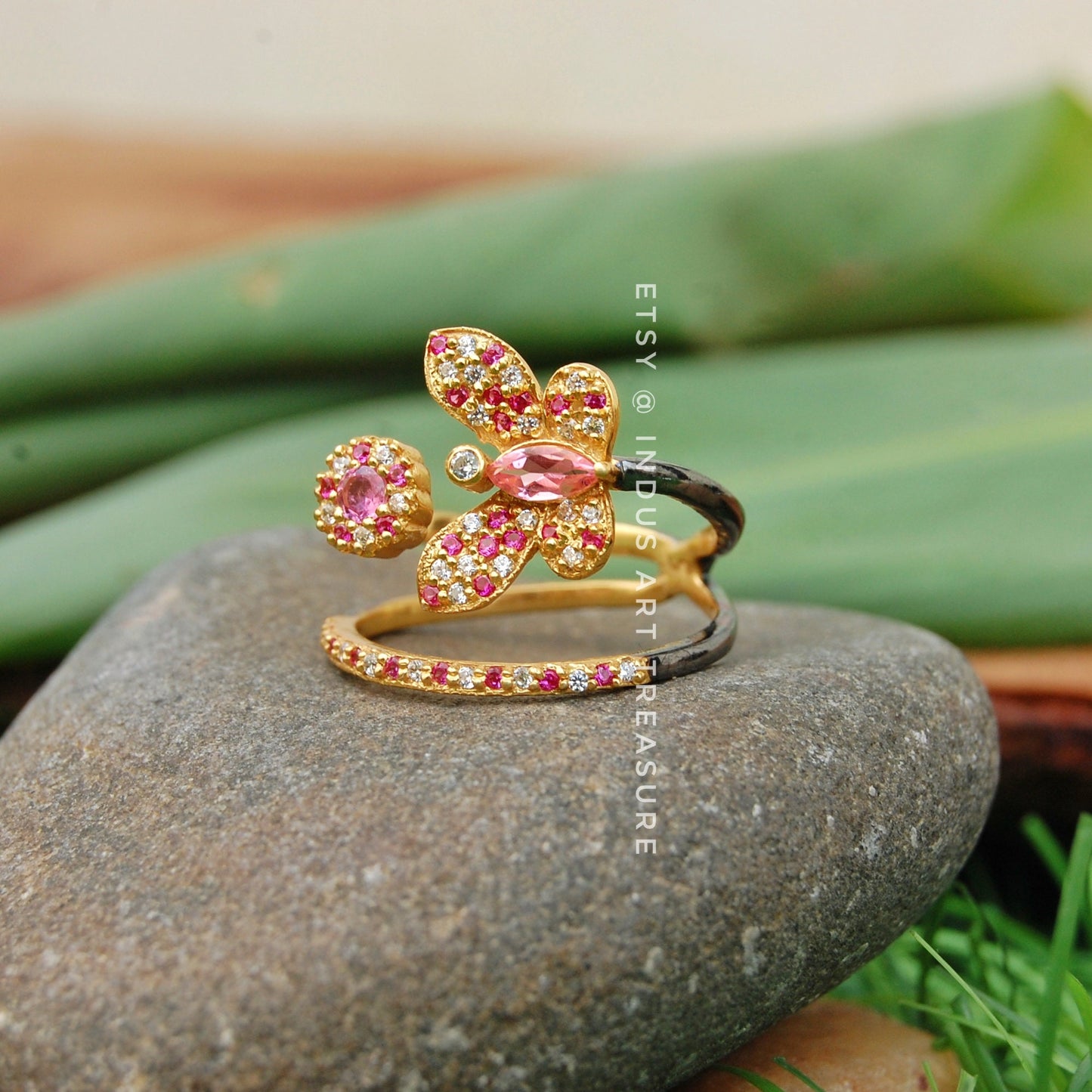 Pink Tourmaline and White Topaz Butterfly Gold Plated Ring