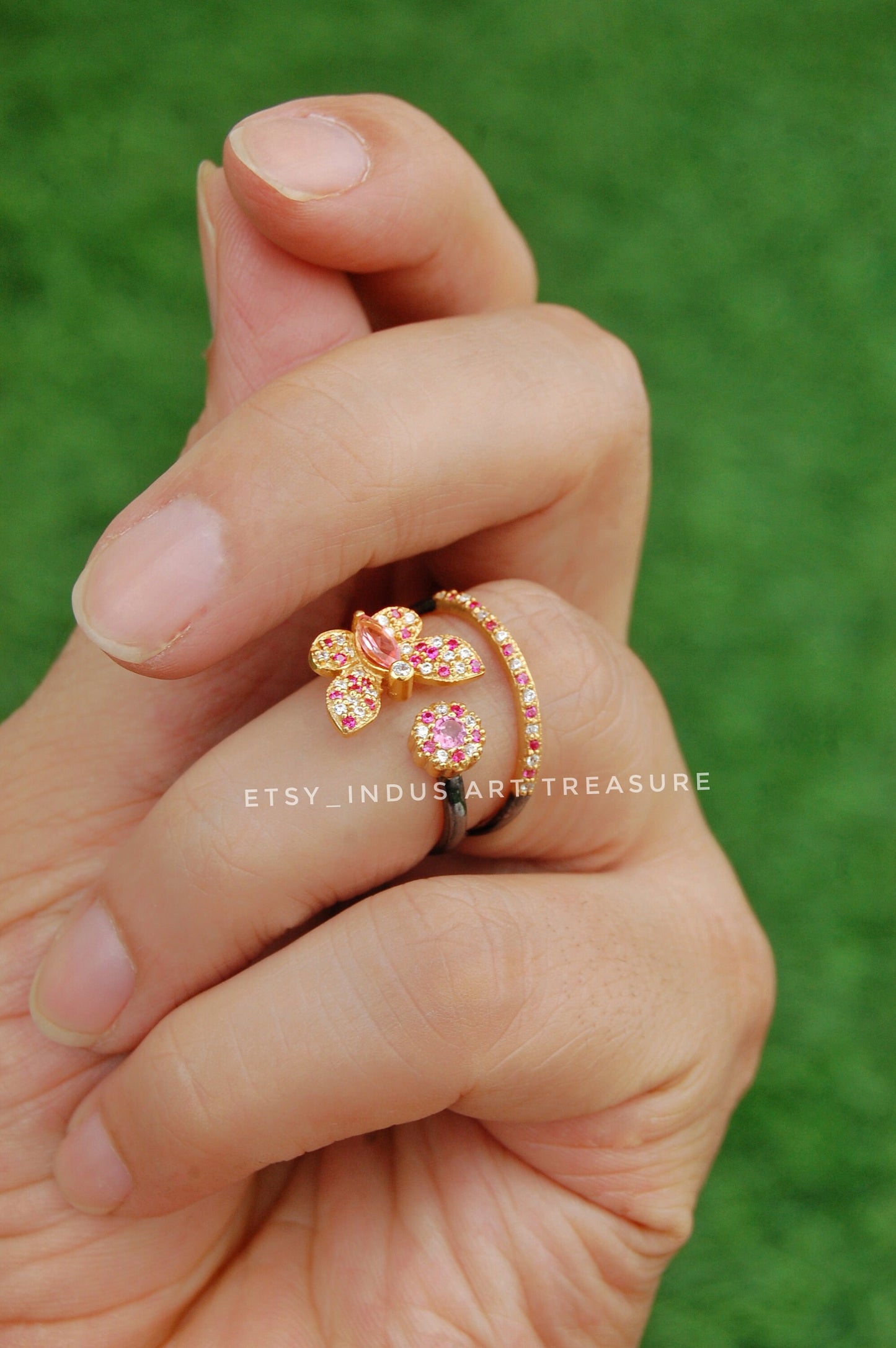 Pink Tourmaline and White Topaz Butterfly Gold Plated Ring
