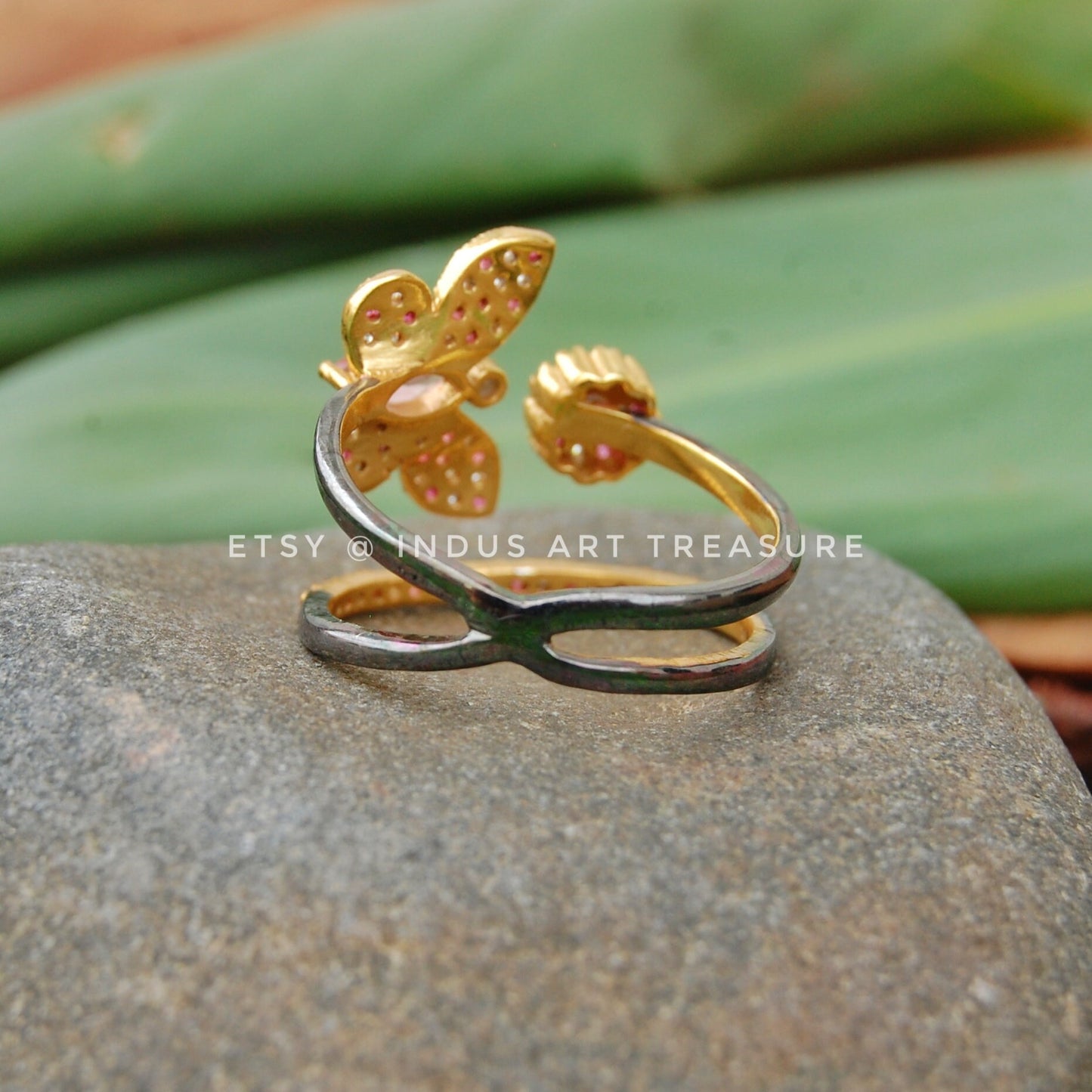 Pink Tourmaline and White Topaz Butterfly Gold Plated Ring
