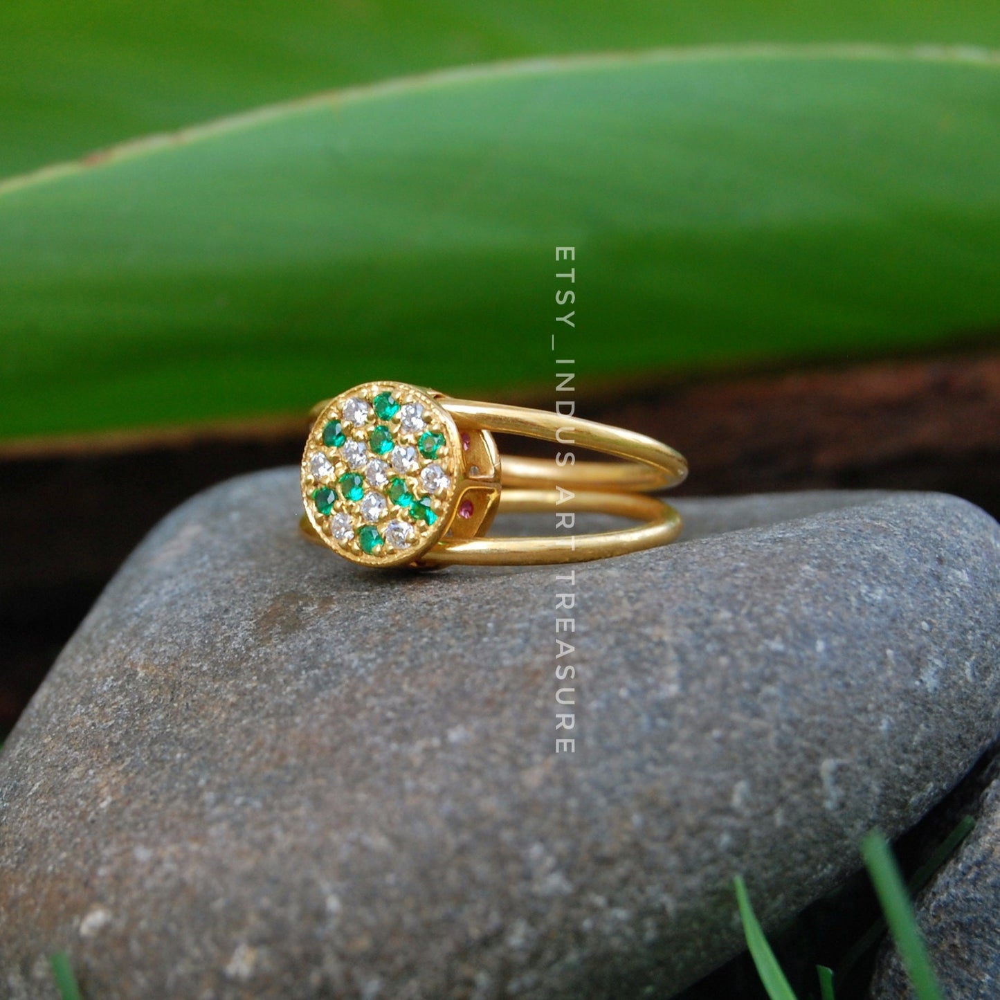 Emerald -Tourmaline 18k Gold Plated Ring