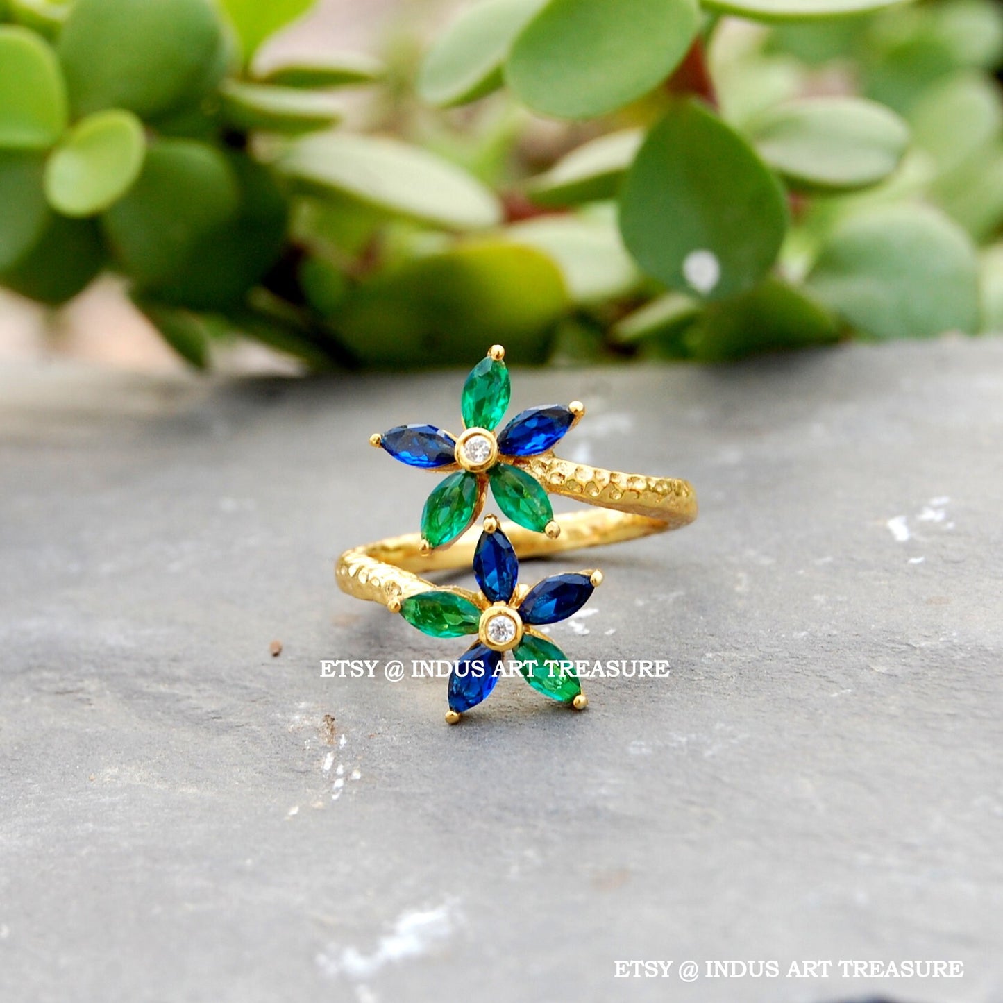 Blue Sapphire Floral Gold Plated Ring