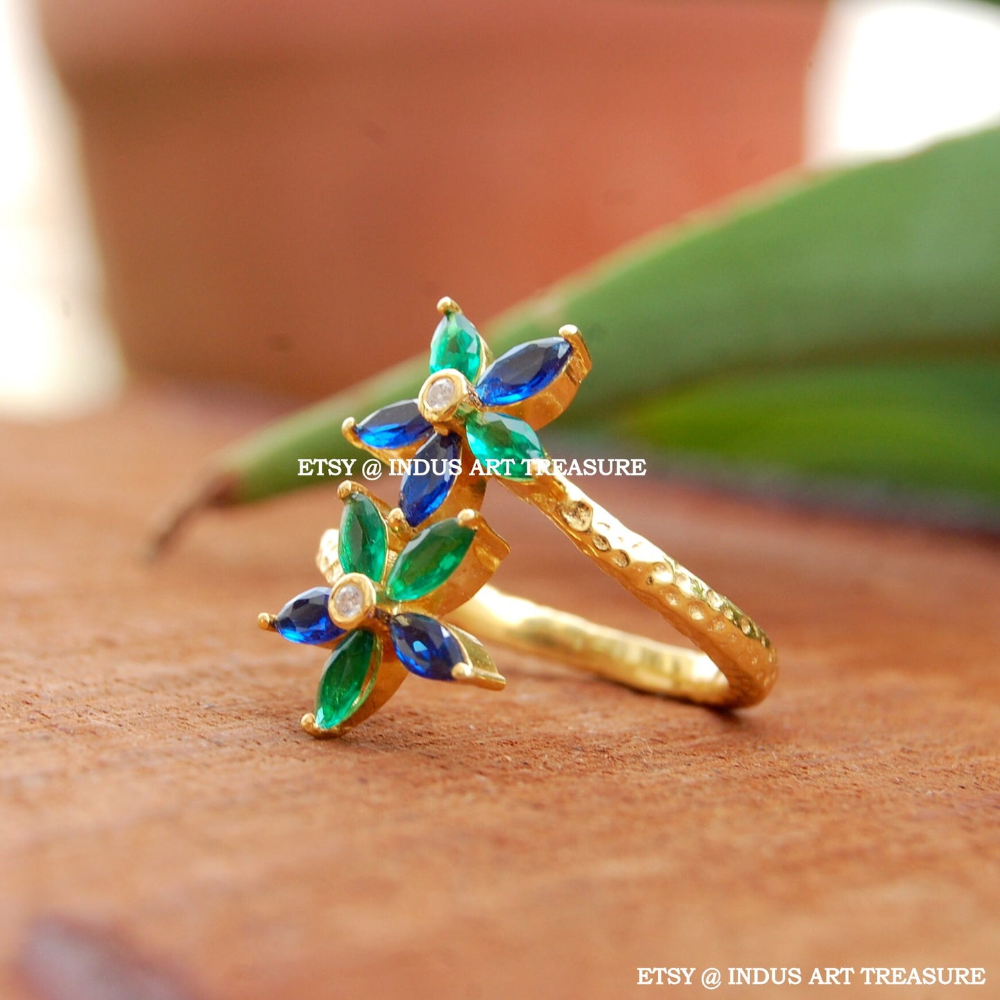 Blue Sapphire Floral Gold Plated Ring