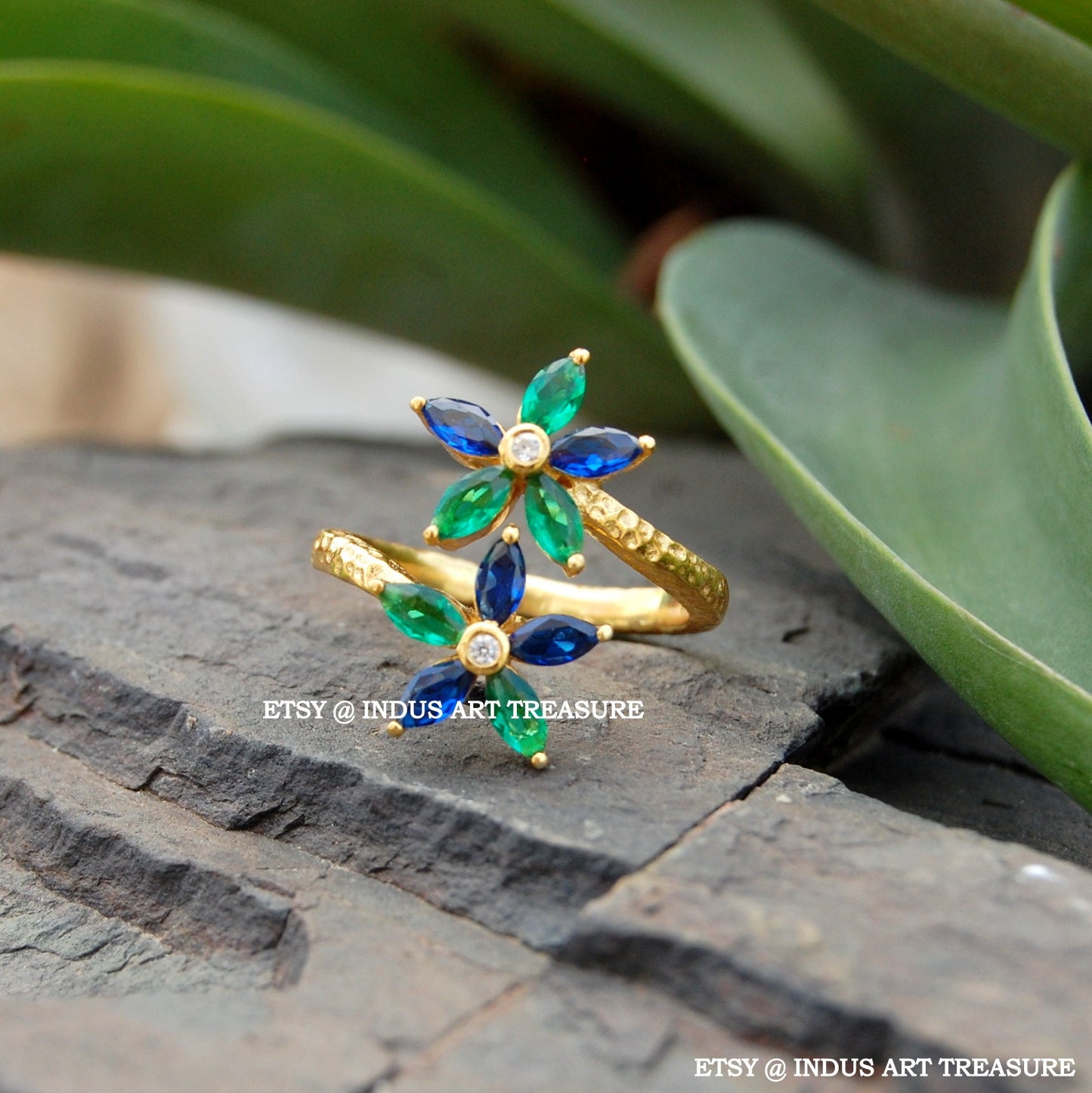 Blue Sapphire Floral Gold Plated Ring