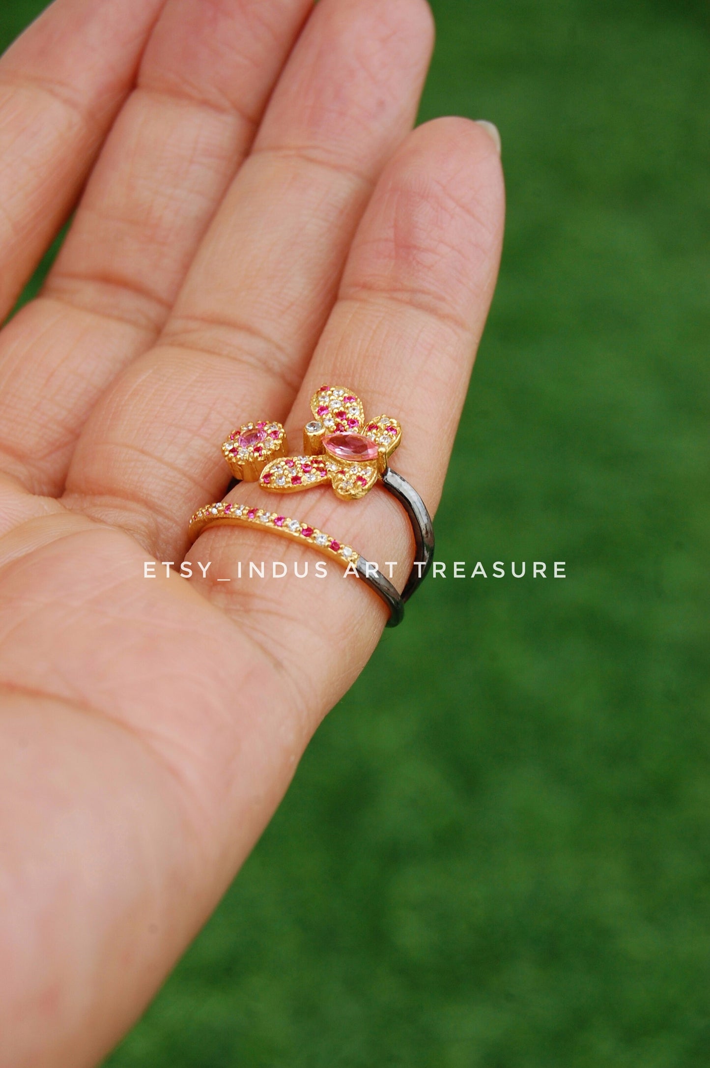 Pink Tourmaline and White Topaz Butterfly Gold Plated Ring