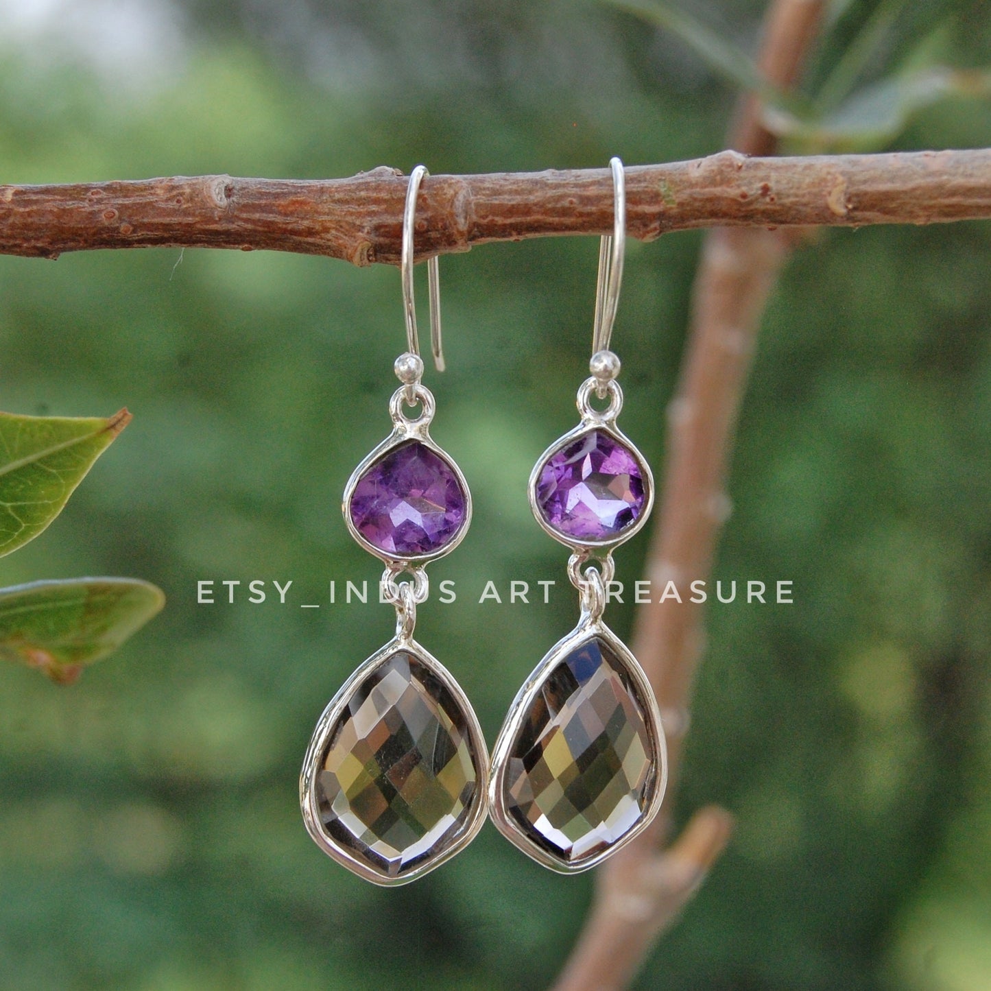 Amethyst -Smoky Quartz Long Dangling Earrings