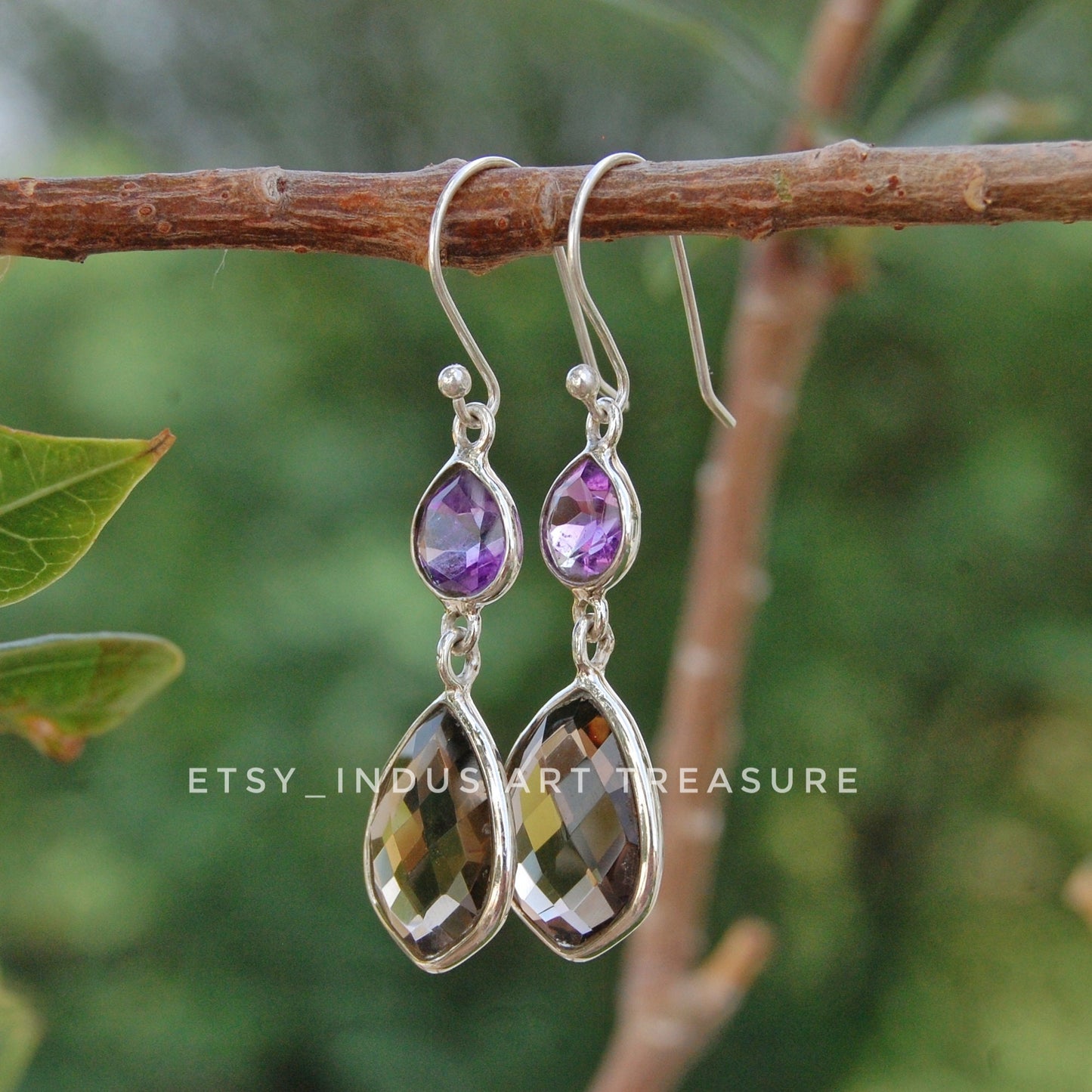 Amethyst -Smoky Quartz Long Dangling Earrings