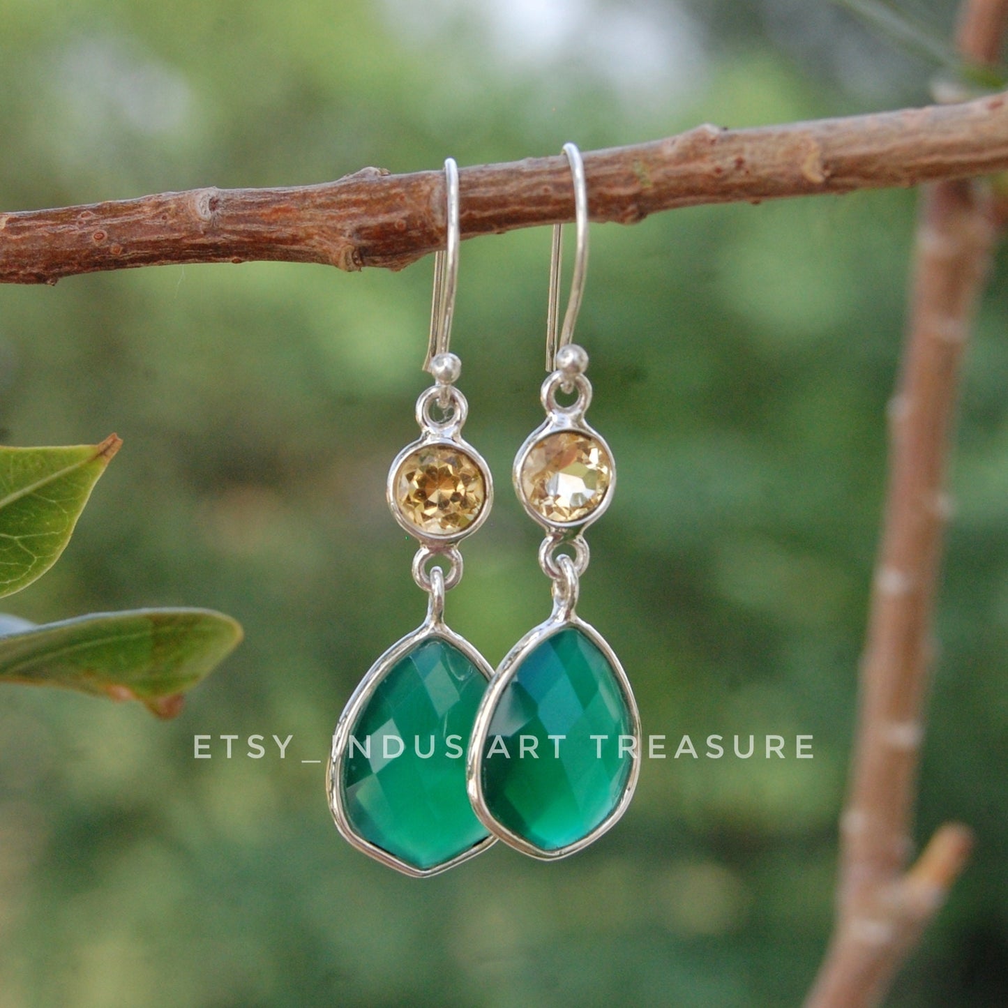 Green Onyx- Citrine Dangle Earrings