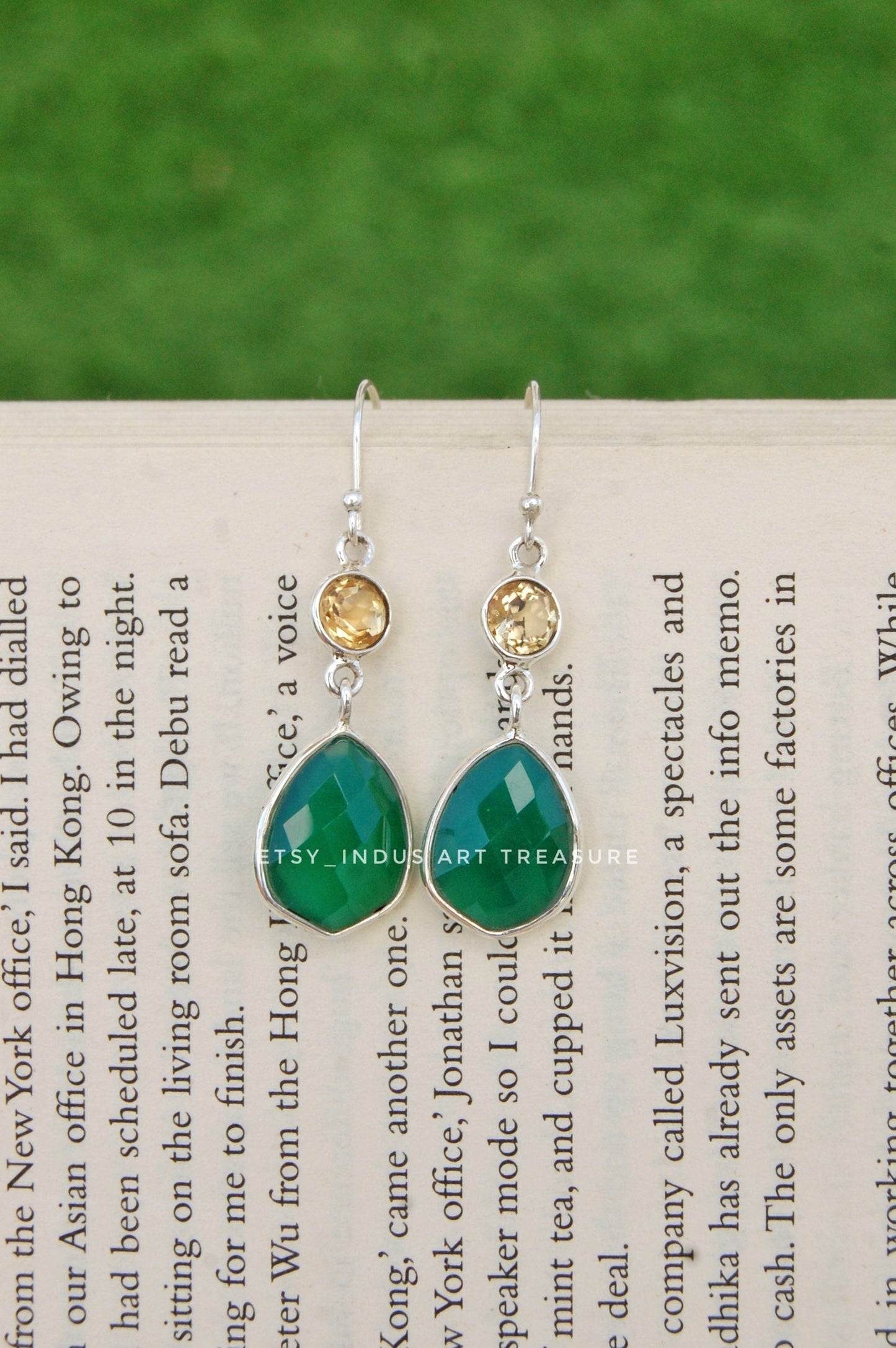 Green Onyx- Citrine Dangle Earrings