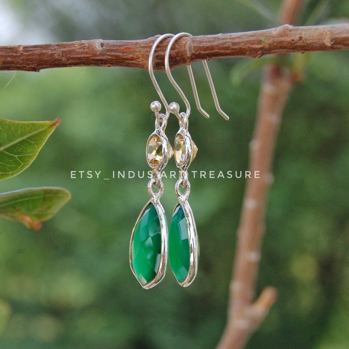 Green Onyx- Citrine Dangle Earrings
