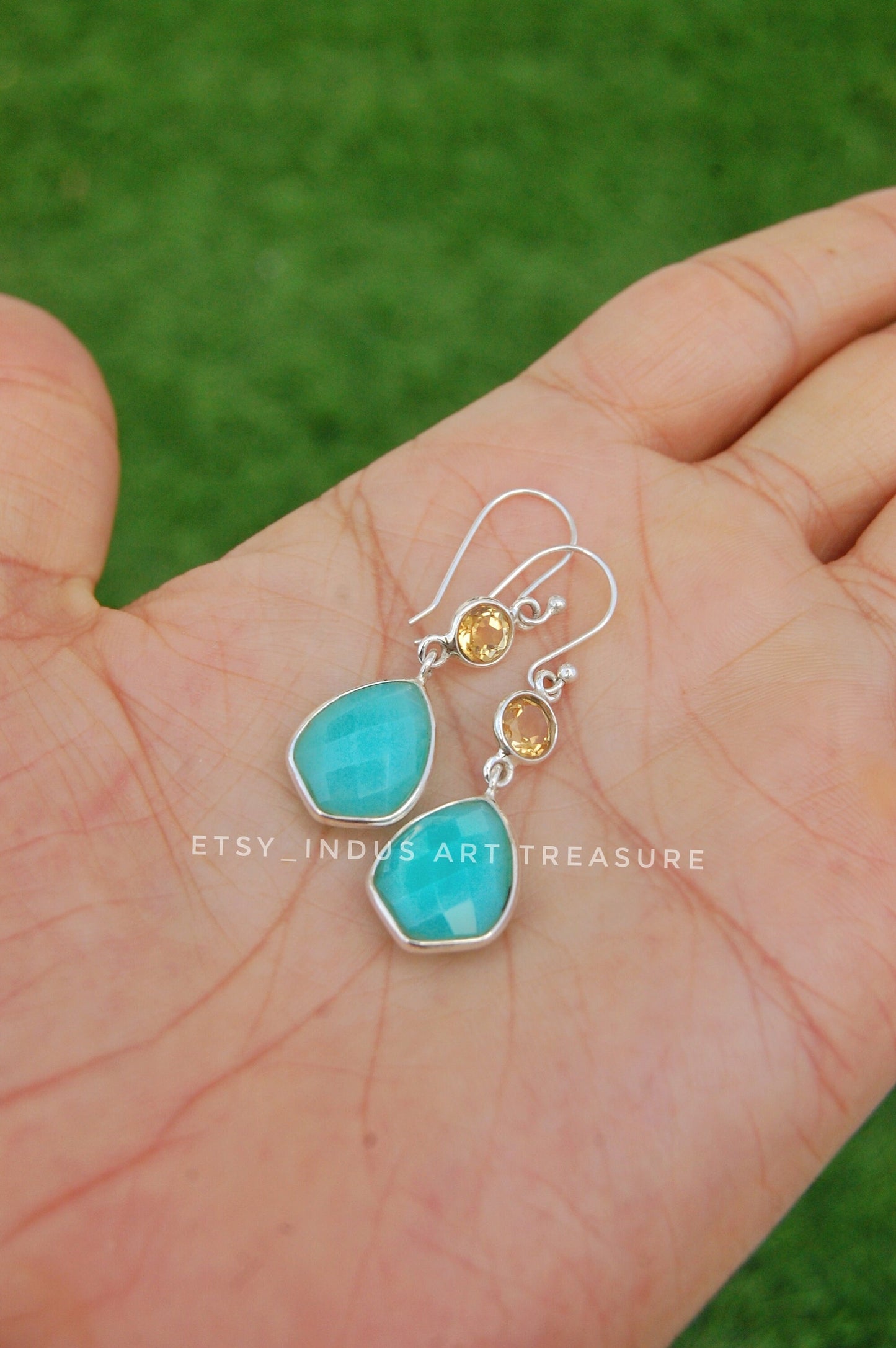 Paraiba Chalcedony- Citrine Dangle Earrings