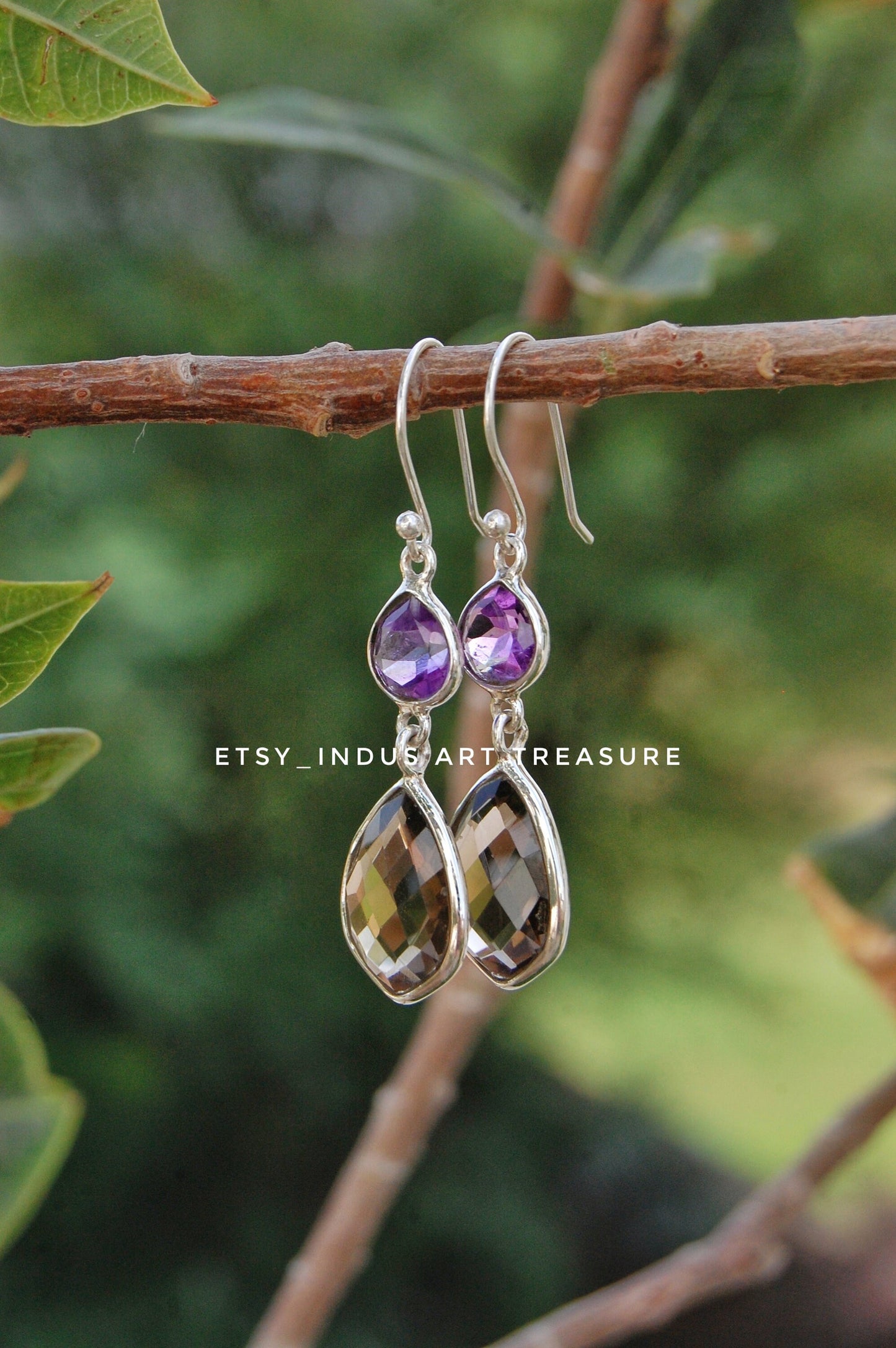 Amethyst -Smoky Quartz Long Dangling Earrings